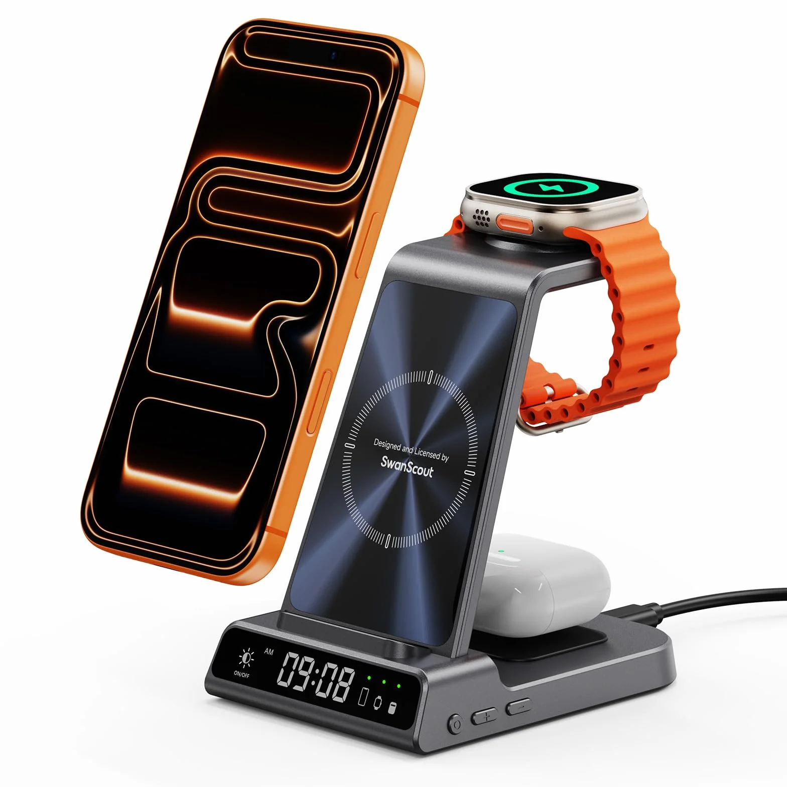 3-w-1 stacja ładowania bezprzewodowego do iPhone Air/17/16/15/14/13/12, do Apple Watch Ultra 3/11/10/9/8/7/SE, SwanScout C02A