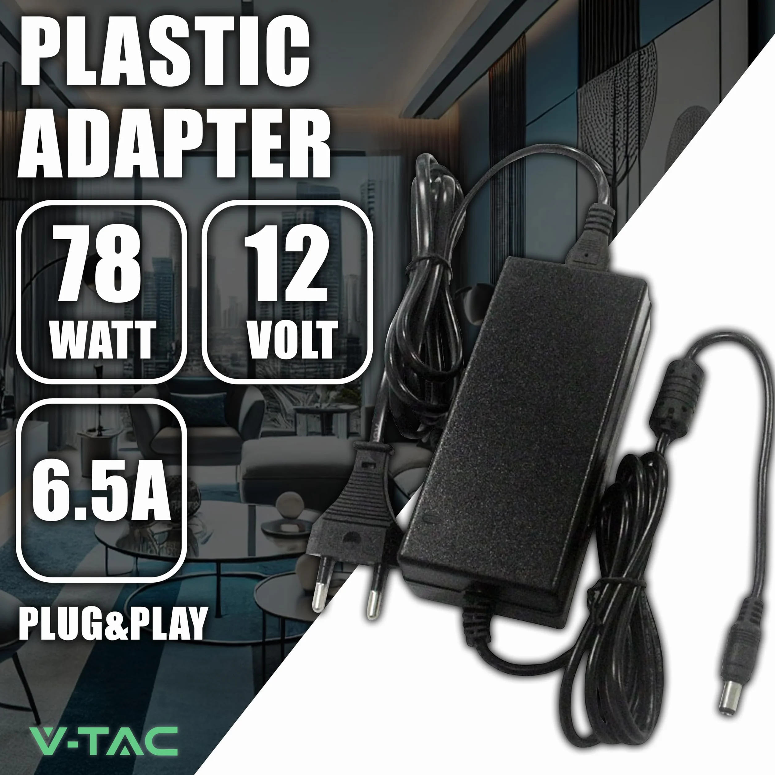 V-TAC Zasilacz 12 V 78 W 6,5 A z gniazdem 2.1 do kamer, taśmy LED, modem - transformator 12 V Plug&Play z wtyczką do domu do ekranów, urządzeń elektronicznych - Wejście AC 100-240 V