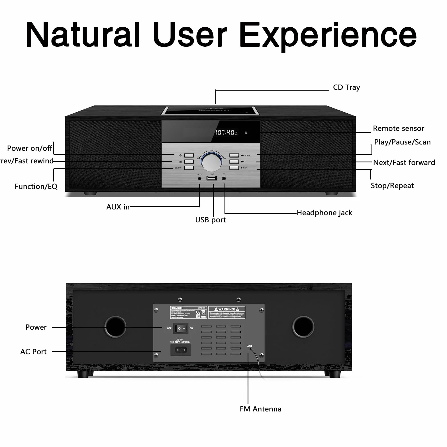 Kompaktowe urządzenia, nostalgiczny zestaw stereo Bluetooth do domu, WISCENT Vintage Micro HiFi Systems, odtwarzacz CD, z Bluetooth Audio Streaming, radio FM, złącze USB, wejście Aux-in, gniazdo