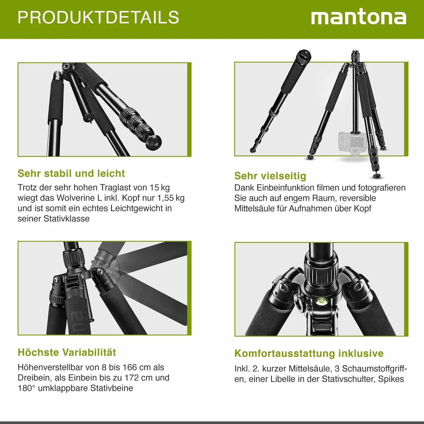Mantona Wolverine L 284 statyw do aparatu, aluminium, statyw fotograficzny do 15 kg, regulacja wysokości do 166 cm, statyw z kolcami, ważką, lampa LED, może być używany jako statyw trójnożny i