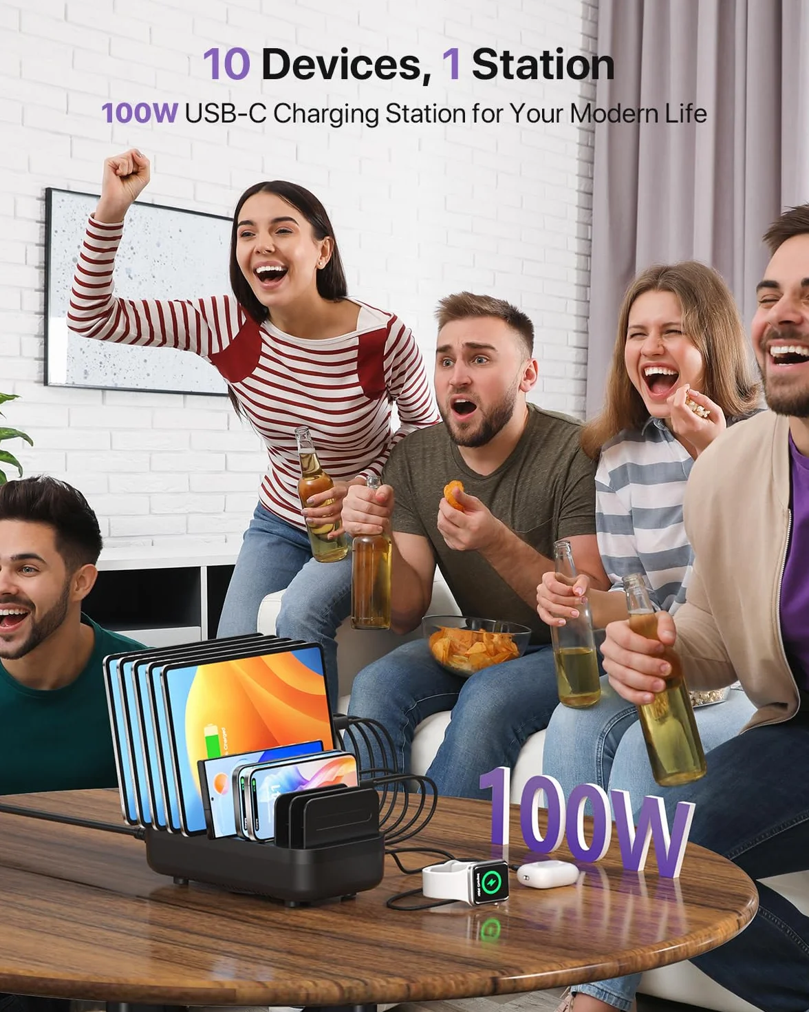 SooPii 100 W 10-krotna stacja ładująca USB z 6 portami USB-C i 4 portami USB-A, szybkie ładowanie PD, kompatybilna z lPhone, LPad, Galaxy i innymi urządzeniami, w tym 10 mieszanych kabli do ładowania
