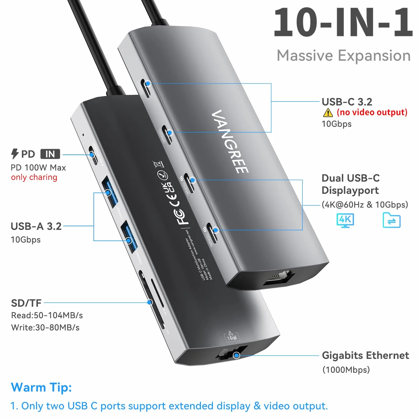 VANGREE 10Gbps USB C Hub, Dual 4K@60Hz USB-C Display, 100W PD | Rozdzielacz USB C 10w1, 2x USB-A & 2x USB-C 3.2, LAN 1Gbps, 100W PD, SD/TF, Podwójny Monitor do MacBook, Samsung, Dell