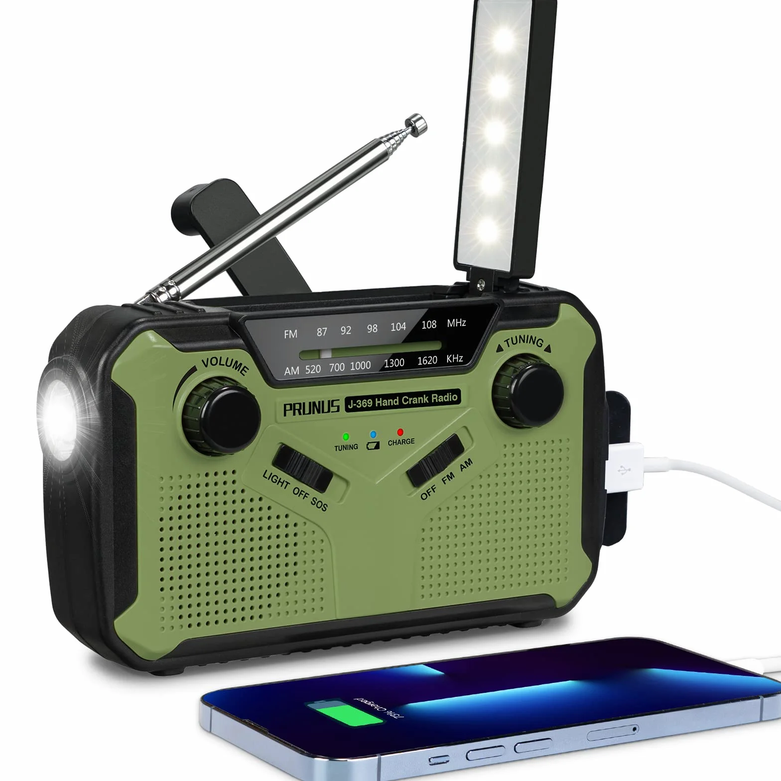PRUNUS J-369 radio korbowe FM/AM, zasilanie bateryjne, korba solarna, z powerbankiem o pojemności 3000 mAh, radio awaryjne z alarmem SOS, latarką i lampką do czytania, na kemping, do domu, w sytuacji