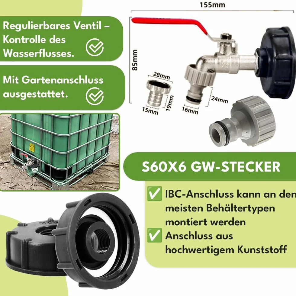 KRUMAD Zawór Kulkowy 3/4 cala, kran ogrodowy do użytku zewnętrznego, zawór czerpalny IBC S60x6, odporny na mróz i korozję, z szybkozłączką i przyłączem do węża 12,5 mm, mosiądz niklowany