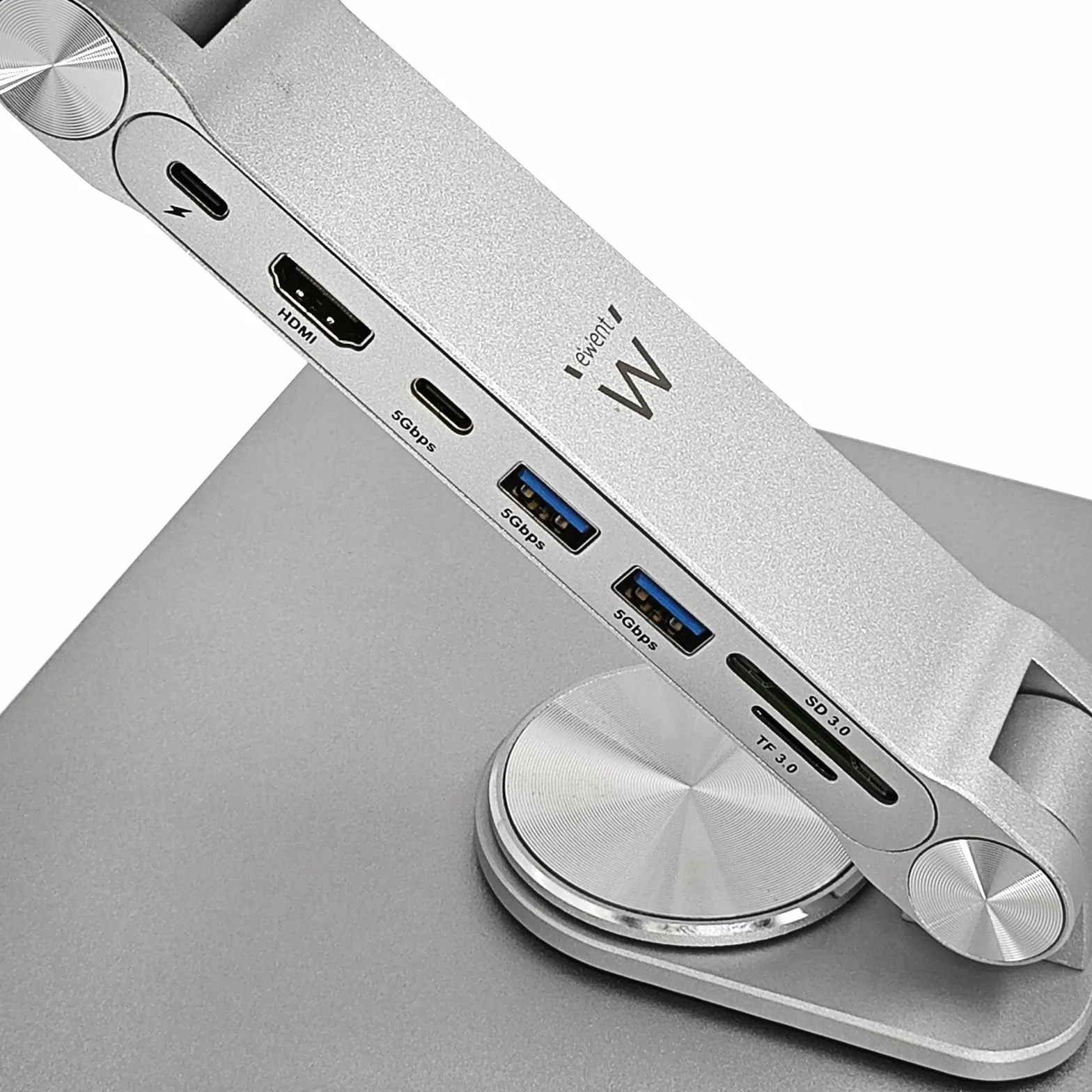 Ewent Stojak na laptopa ze stopu aluminium, stojak do stacji dokującej 7 w 1 z kablem USB-C, ergonomiczne podnoszenie laptopa z regulacją wysokości z obrotem o 360°, antypoślizgowa podstawa