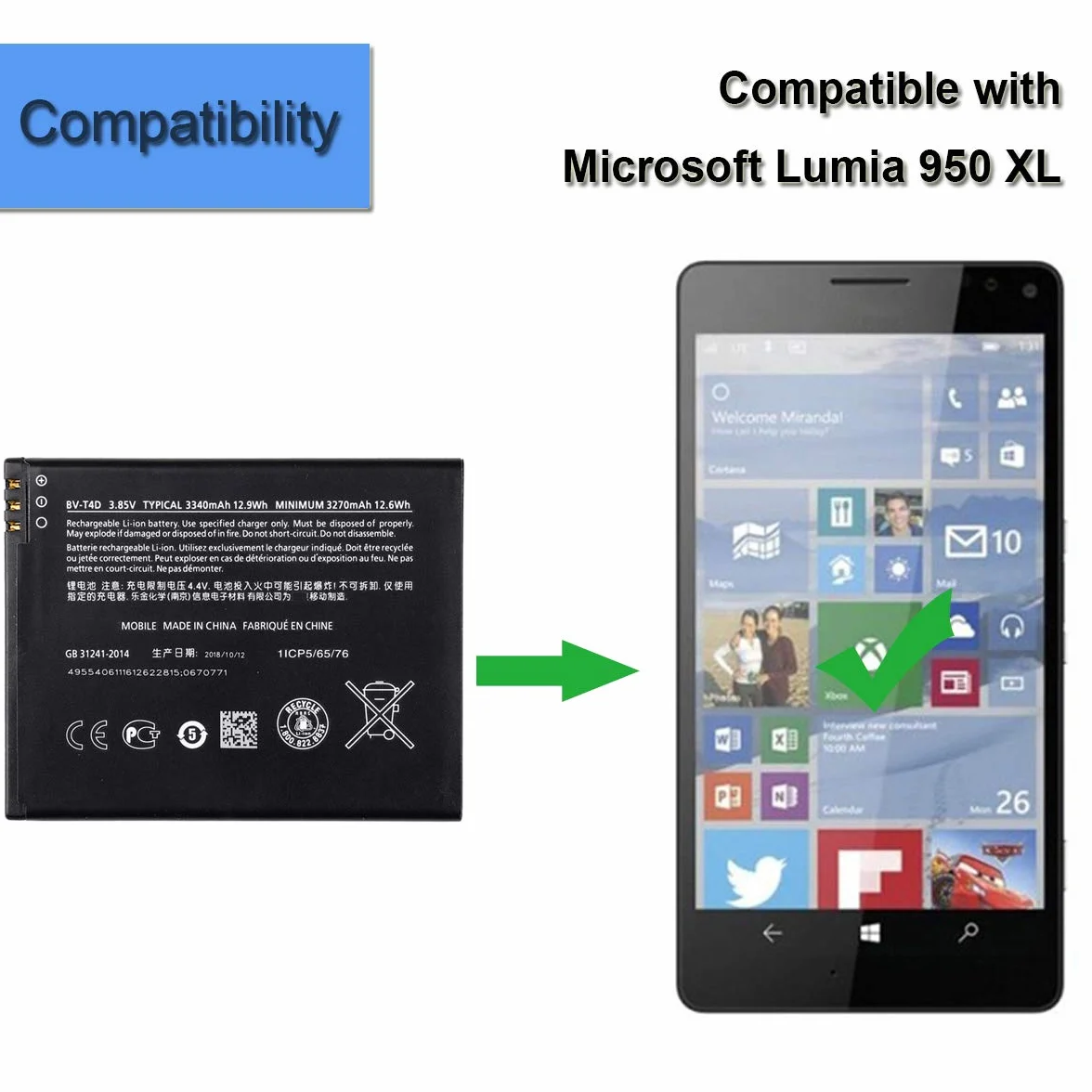 Nowa bateria zamienna BV-T4D kompatybilna z Microsoft Lumia 950 XL Cityman Lumia 950 XL Dual SIM Nokia Lumia 950 XL