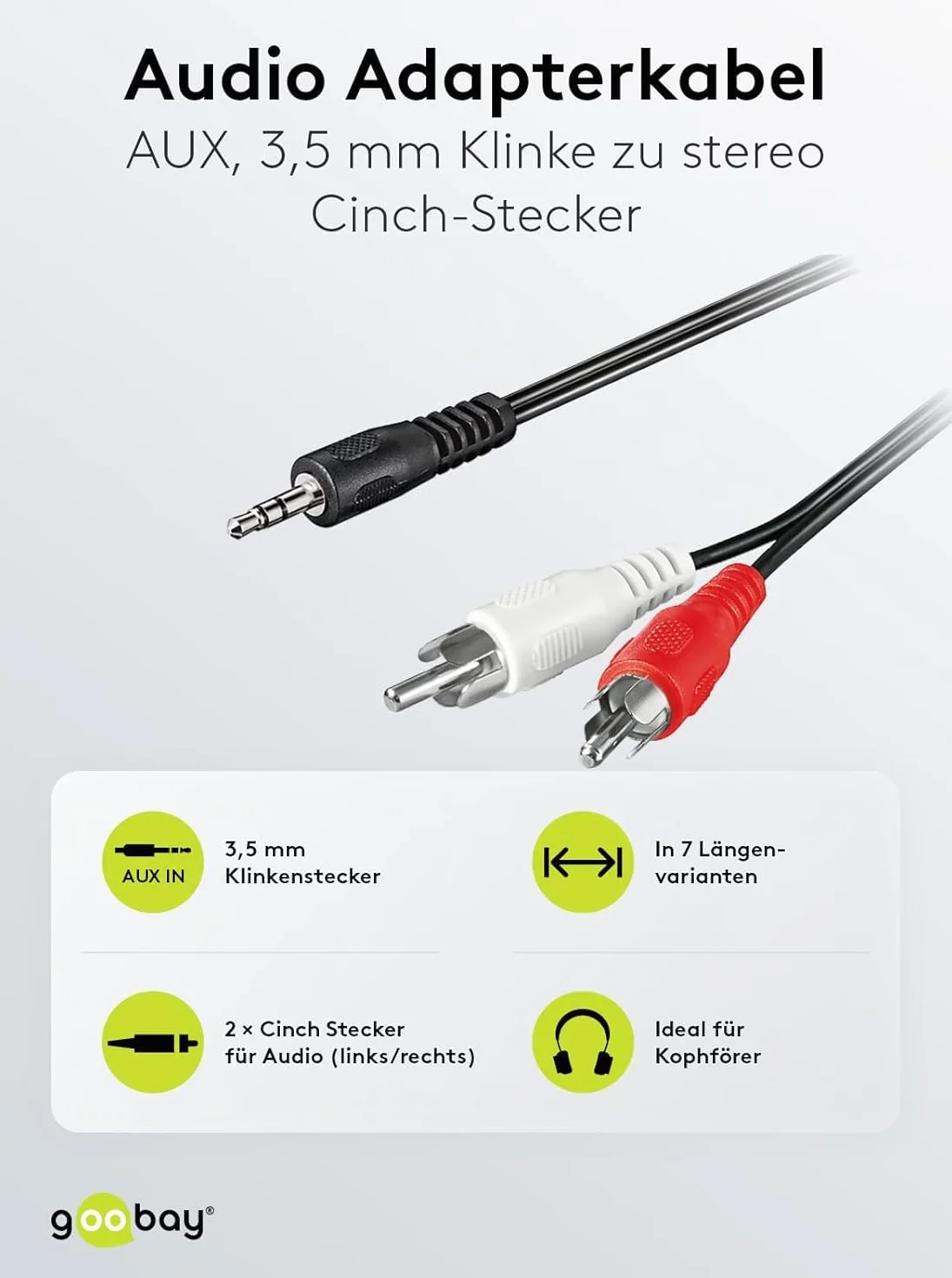 Goobay 50196 3,5 mm jack/kabel adaptera cinch - do gniazd słuchawkowych do RCA / 3-biegunowy stereo 3,5 mm wtyczka na 2 x wtyk cinch/czarny / 3 m