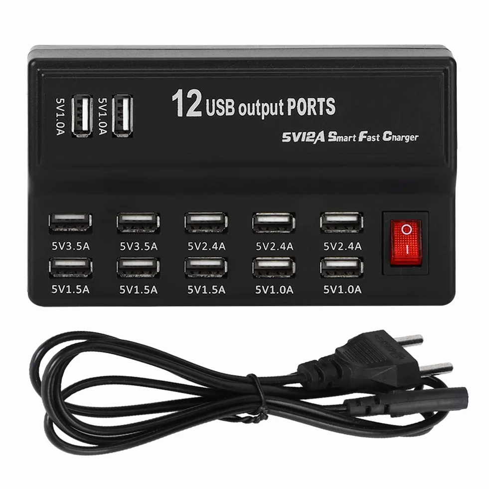 12-portowa Ładowarka USB z Inteligentnym Szybkim Ładowaniem dla Wielu Urządzeń, Ładowarka Do Telefonu Komórkowego, Tabletu, Laptopa, Wentylatora - Idealna Do Domu, Biura i Podróży
