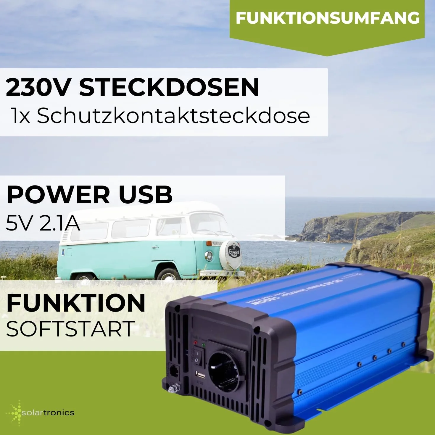 solartronics Przetwornica napięcia FS1000DR 12 V 1000 W czysty sinus niebieski inwerter
