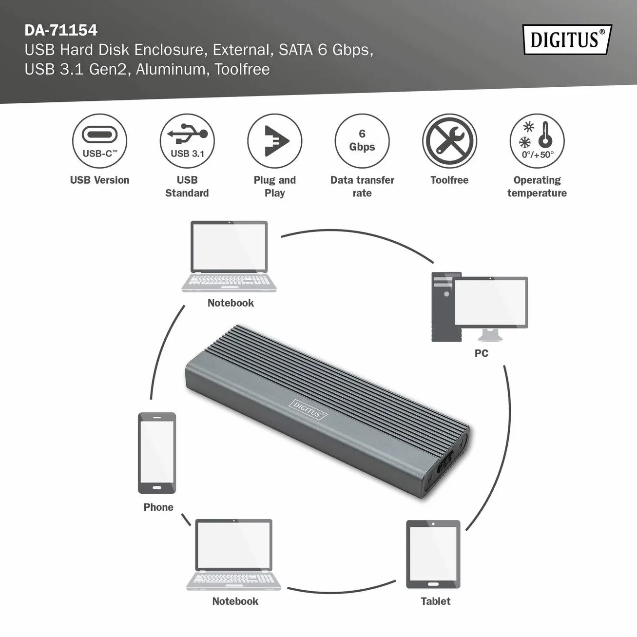 DIGITUS Zewnętrzna obudowa M.2 - USB 3.1 Gen2 Typ-C - 6 Gbit/s - obsługuje SATA SSD do 8 TB - do dysków SSD 2230/2242/2260/2280 z B-Key - bez narzędzi - obudowa aluminiowa - szara