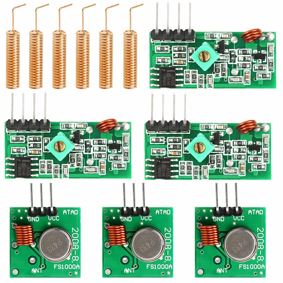 3-częściowy zestaw 433 MHz RF bezprzewodowy moduł nadajnika i odbiornika + RF 433 MHz miedziany zestaw anteny sprężynowej, wysokiej częstotliwości super regeneracyjny moduł nadajnika do alarmu włamywacza Arduino