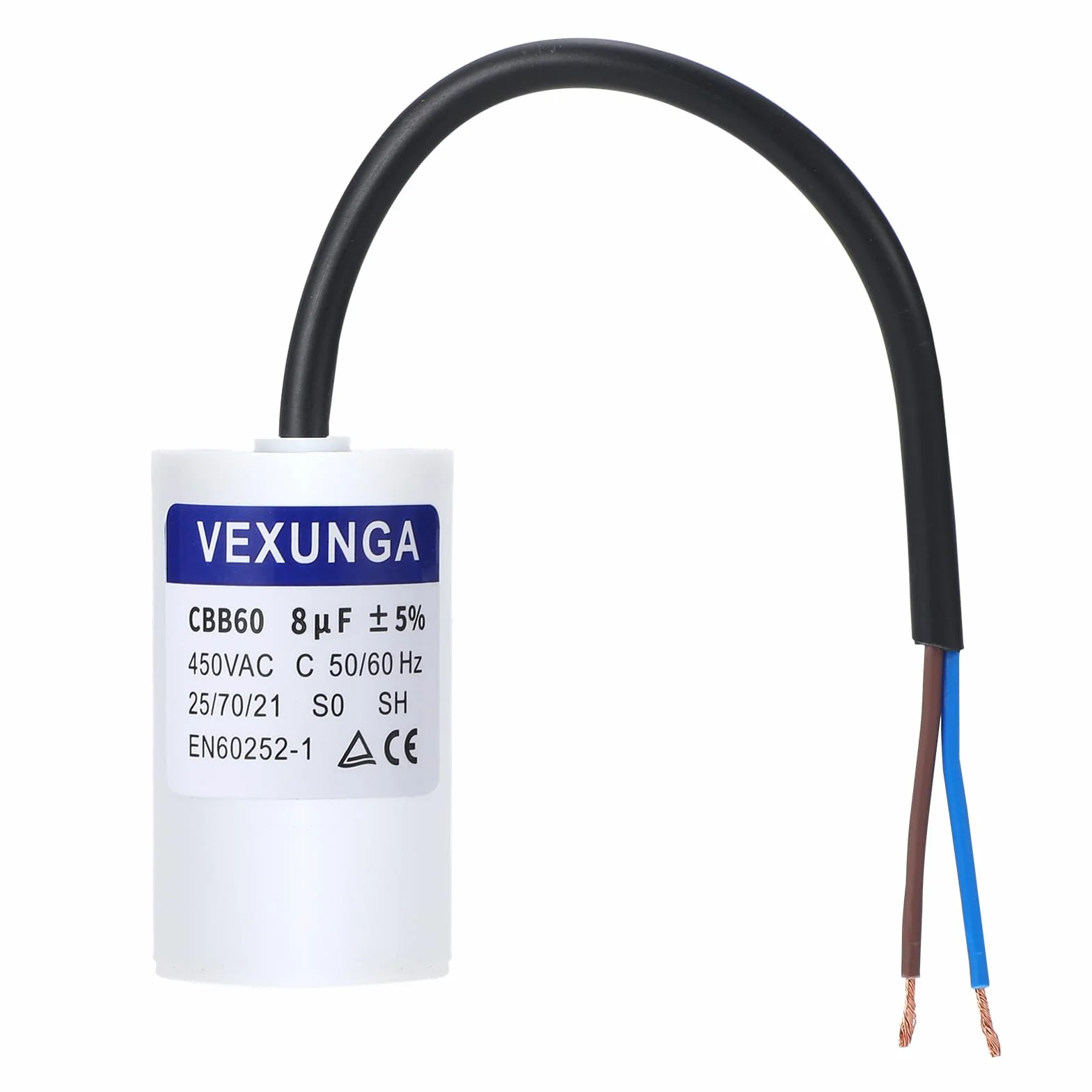 VEXUNGA Kondensator CBB60 8µF 450V Kondensator rozruchowy 8uF Kondensators silnika AC CBB60 SH 8 MFD 450VAC Kondensatory 35x68MM 50/60Hz z kablem