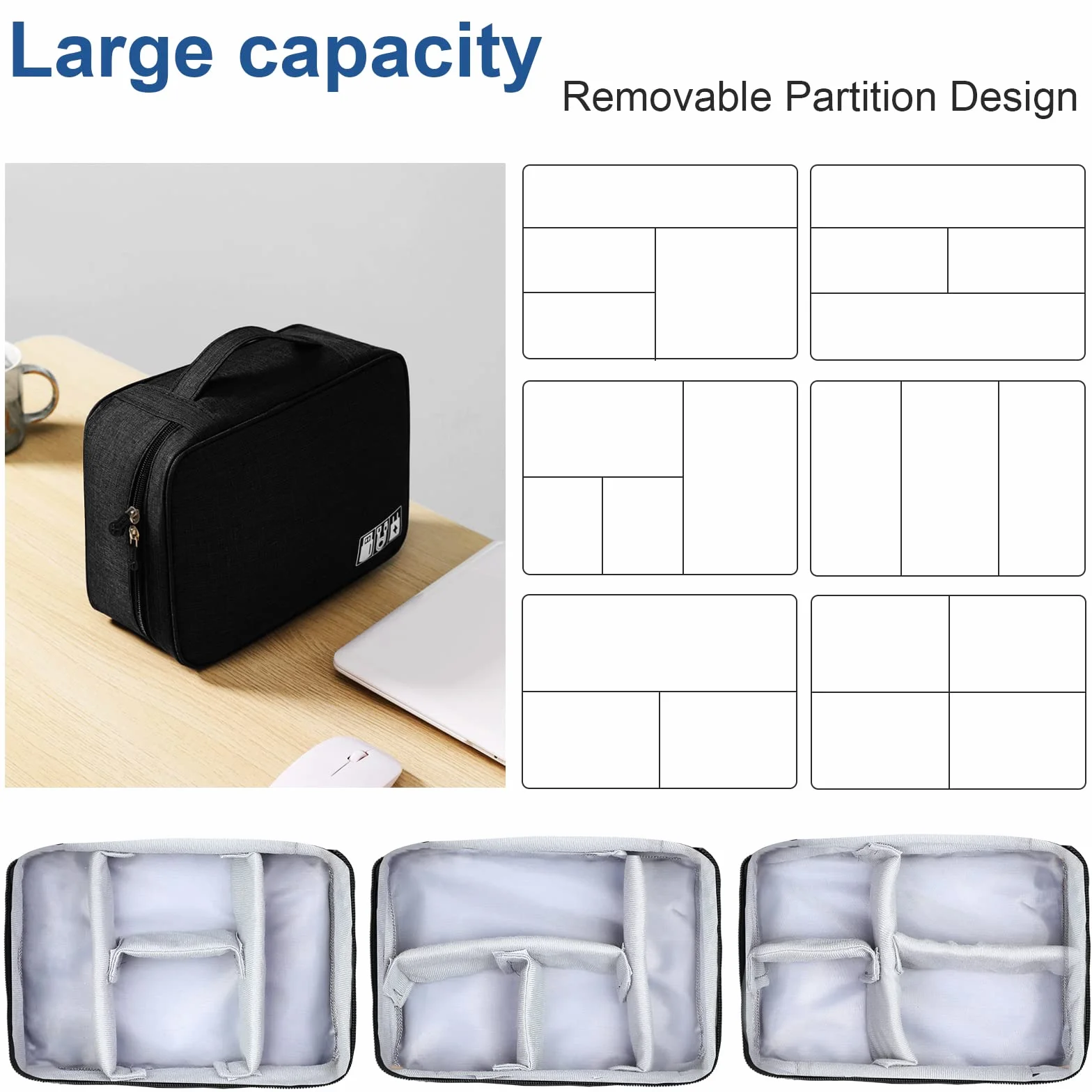 AiQInu Data cable storage bag-Grey Torba na kable, uniwersalny organizer na kable, 2 warstwy, wodoszczelny, regulowany organizer na kable do ładowania, powerbank, pamięć USB, karty SD, szary