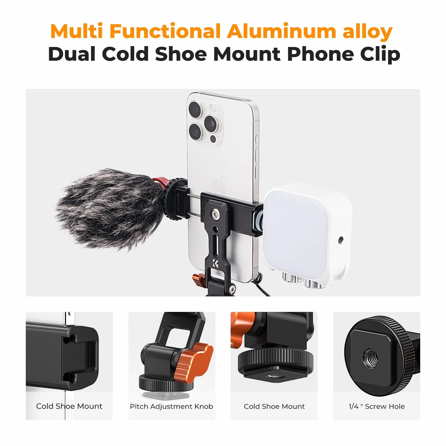 K&F Concept metalowy uchwyt telefonu na statyw, uniwersalny stojak na smartfon z 2 mocowaniami typu Cold Shoe, regulowany uchwyt na telefon do zdjęć poziomych i pionowych, kompatybilny z iPhone