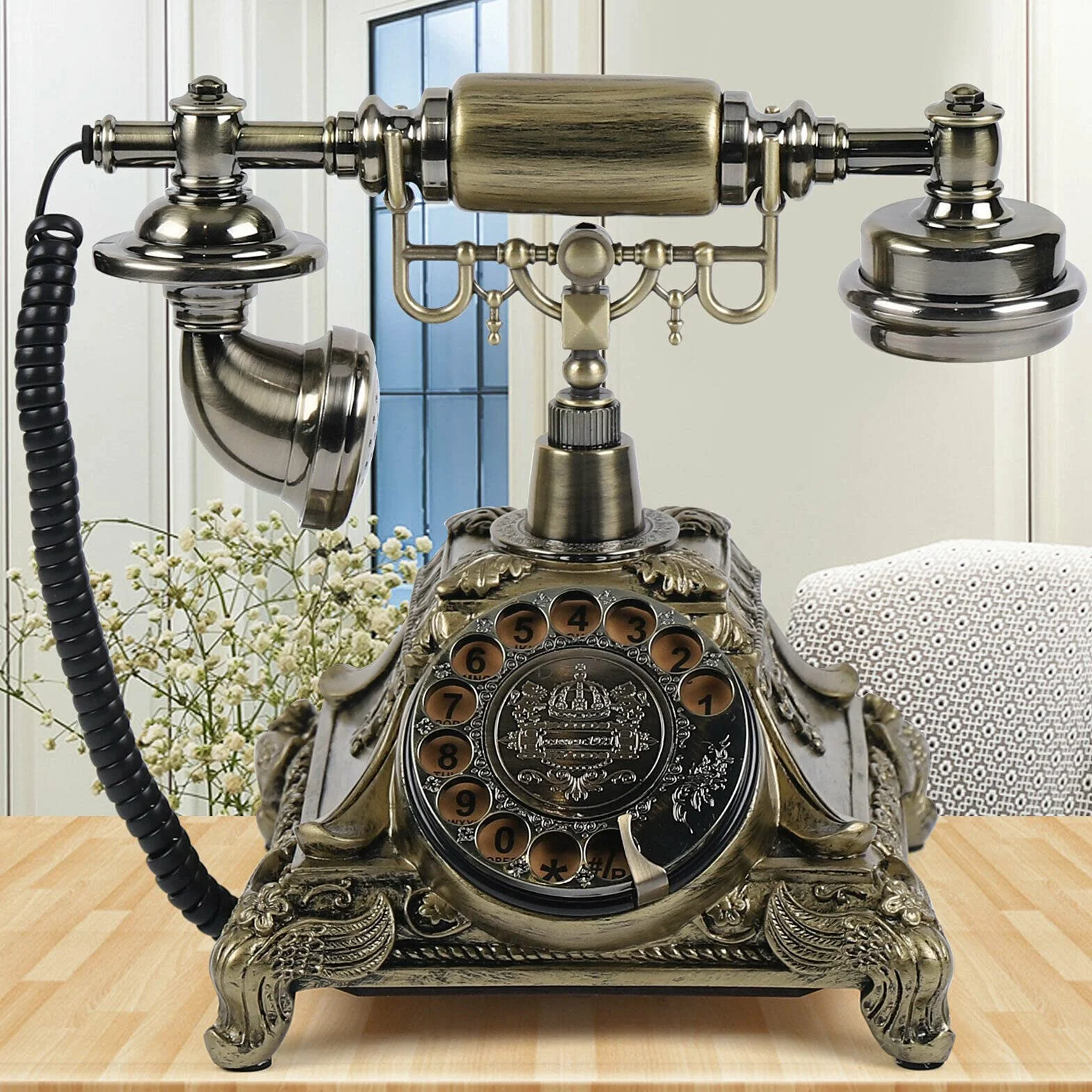 Telefon w stylu vintage, antyk, telefon stacjonarny, stary, modny, nostalgiczny, dekoracja biurka, do domu, biura