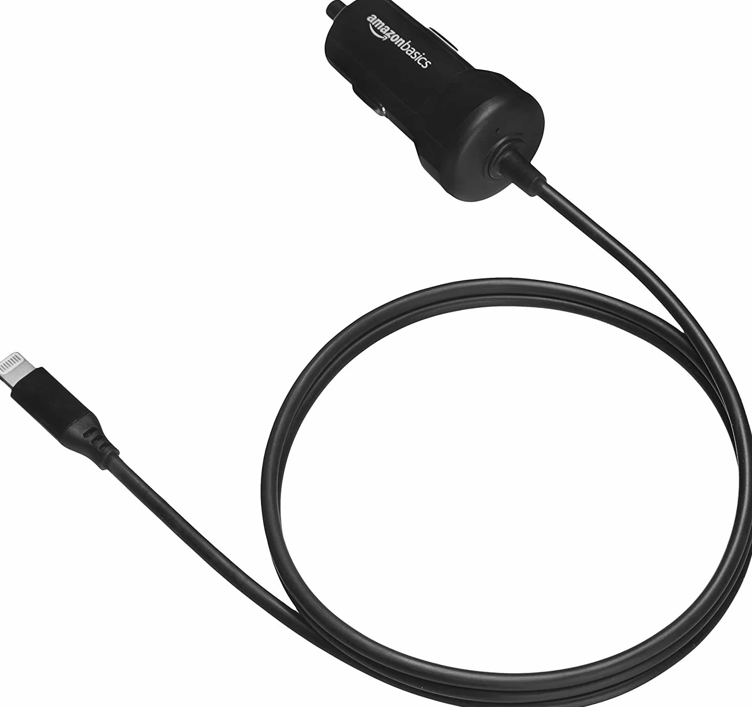 Amazon Basics – ładowarka samochodowa ze złączem Lightning, kabel prosty, 5 V, 2,4 A, 0,91 m, czarny.