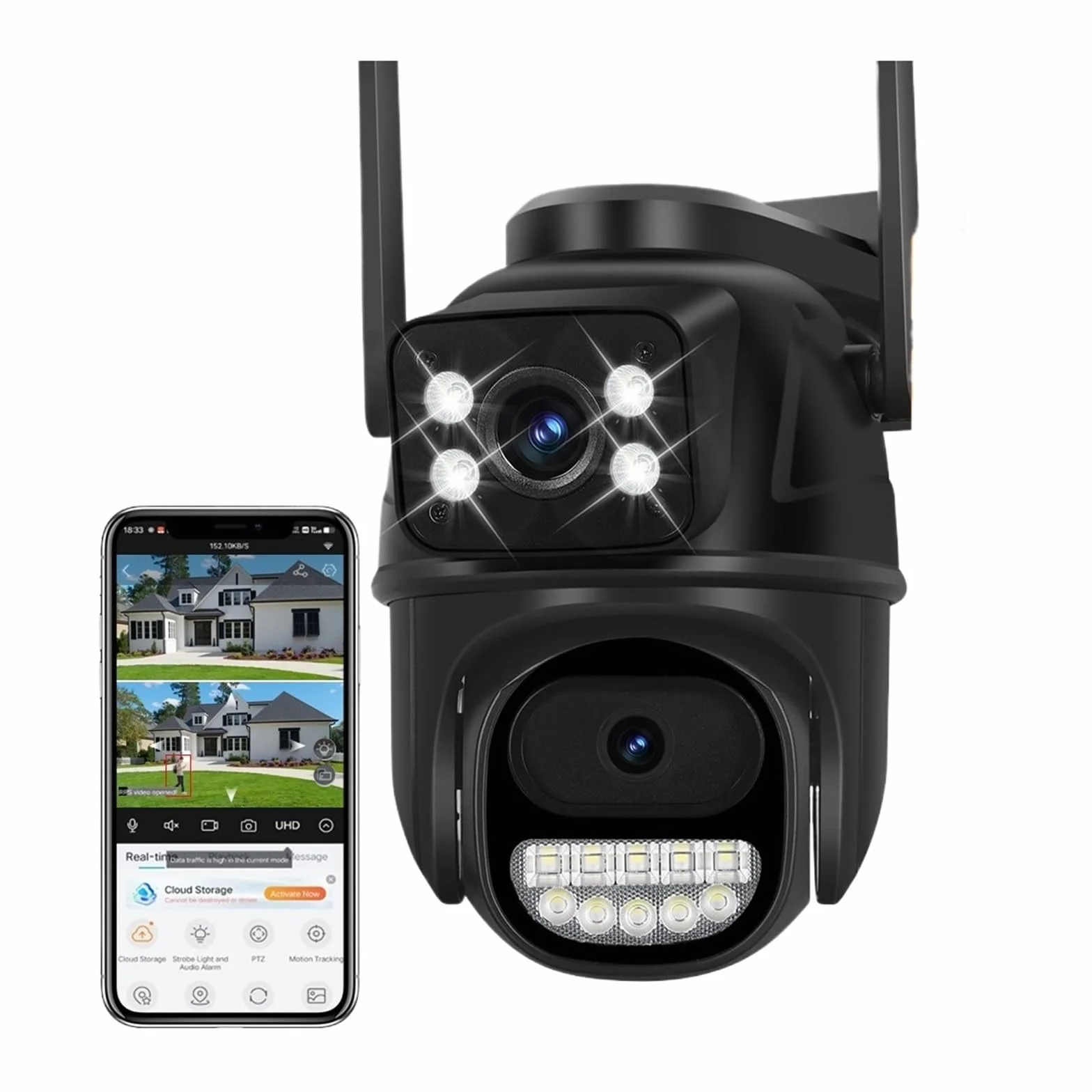 Kamera Wi-Fi z podwójnym obiektywem, AI, automatyczne śledzenie, wodoodporna, kamera do monitoringu CCTV, kamera IP z alarmem i oświetleniem policyjnym(ADD 128G)