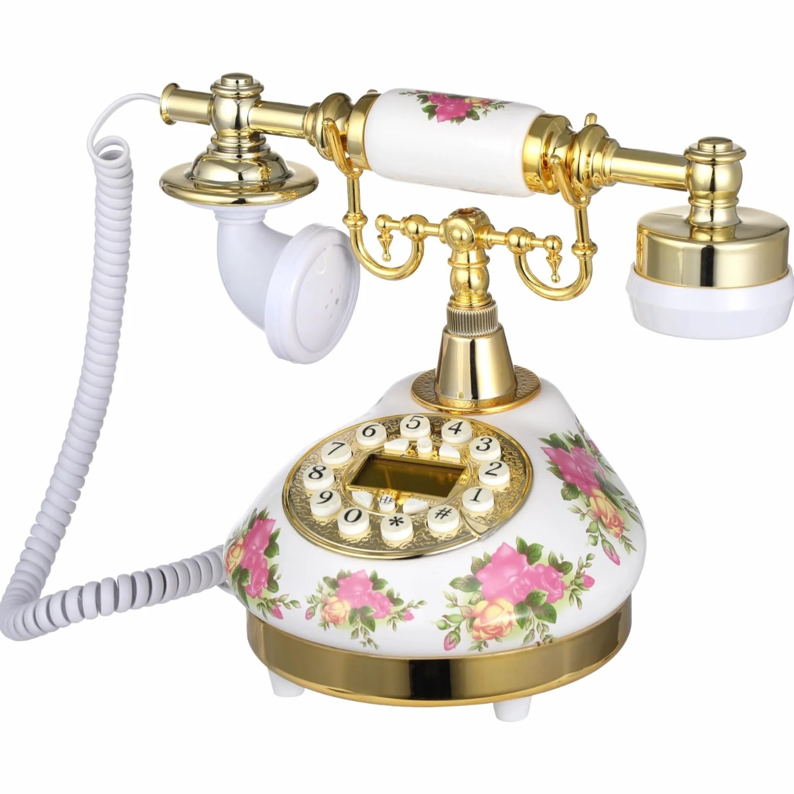 Antyczny telefon ceramiczny, vintage telefon stacjonarny z nadrukiem kwiatowym, telefon retro z przyciskiem z wyświetlaczem LCD, regulowany dzwonek
