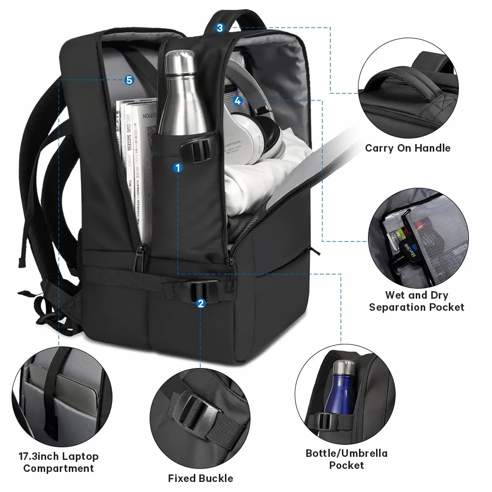 BANGE Plecak podróżny, bagaż podręczny, wytrzymały plecak Convertible Duffle Bag Fit na laptopa o przekątnej ekranu 17,3", dla mężczyzn i kobiet, Czarny (bez rozszerzenia), L, Biznes