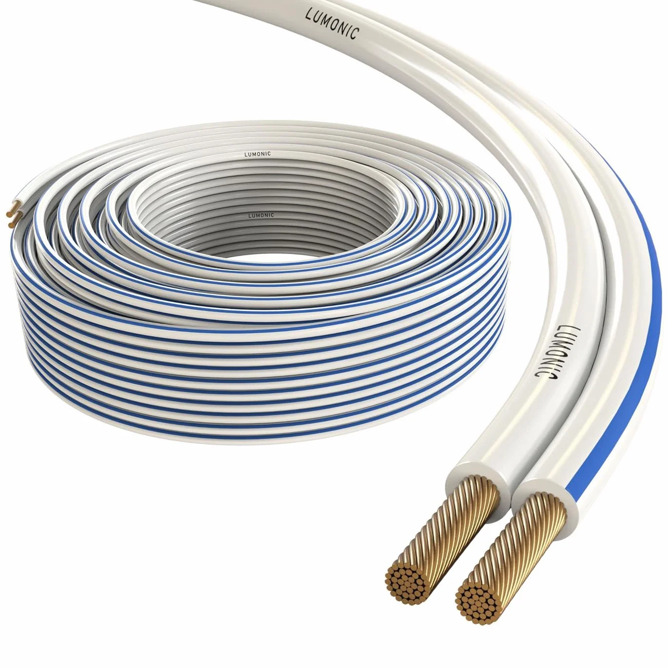 Lumonic Kabel glosnikowy | 50m Biala | 2x 0,5mm² CCA | Niebieskie oznaczenie Kabel glosnikowy HiFi | Podwójna linia audio