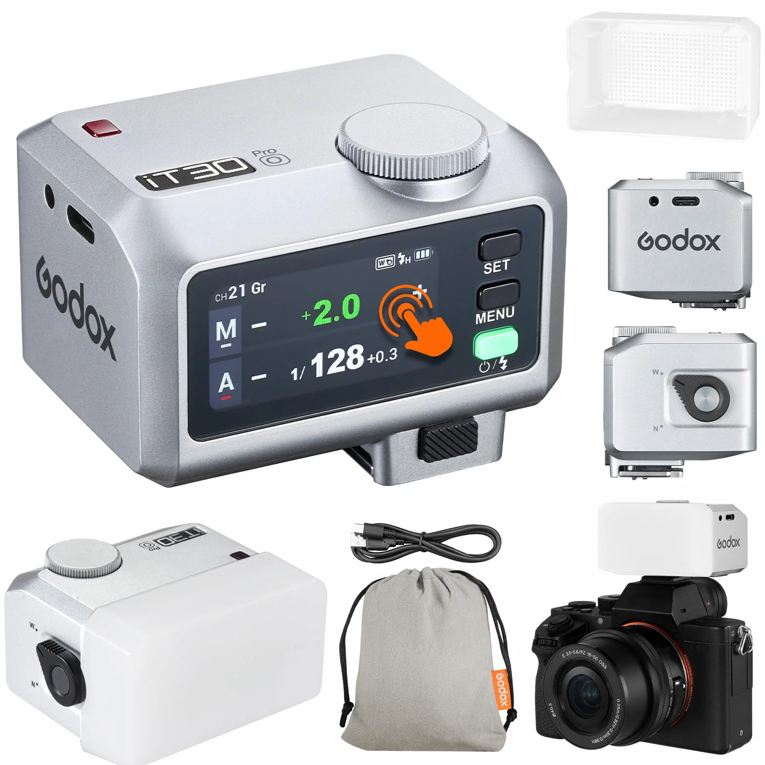 Godox iT30Pro-O iT30Pro O mini lampa błyskowa z białym dyfuzorem Speedlite Camera Flash 560 błysków przy pełnej mocy bezprzewodowej Master&lituner, 2,4 G TTL ekran dotykowy do Olympus Panasonic