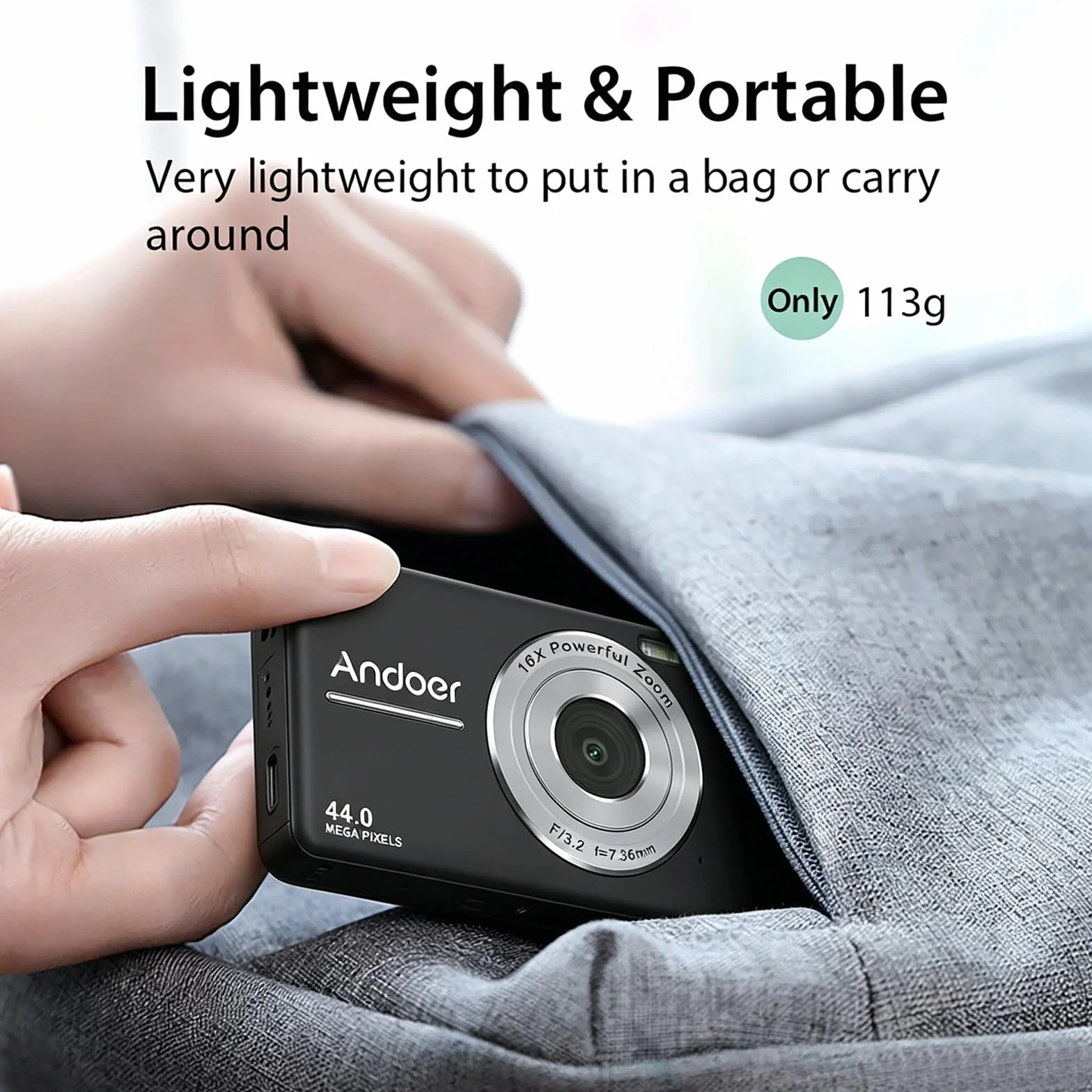 Andoer Aparat cyfrowy z 2 bateriami do wielokrotnego ładowania, karta pamięci 32 GB, 1080p, 44 m, HD, 16-krotny zoom cyfrowy, ochrona przed wstrząsami, automatyczne ustawianie ostrości, ekran 2,5 IPS