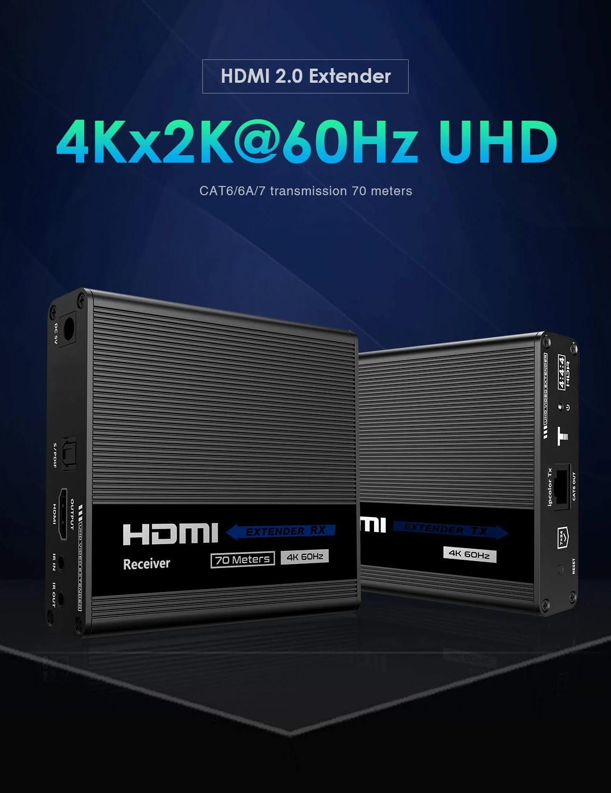 PremiumCord Przedłużacz 4K HDMI na 70 m za pomocą kabla krosowego Cat6 / Cat6A / Cat7, nadajnik i odbiornik podczerwieni, HDMI 2.0, ARC, rozdzielczość wideo Ultra HD 4K @ 60Hz