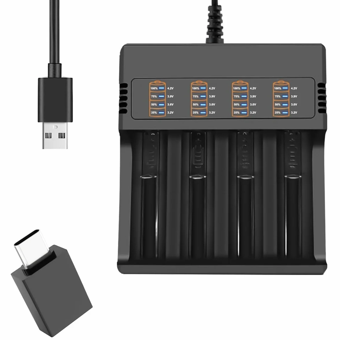 18650 Ładowarka, 4 Bay Smart Universal Charger Wyświetlacz LED kompatybilny 26650 21700 18650 18490 16340 14500 10440 do 3,7 V litowo-jonowy akumulator