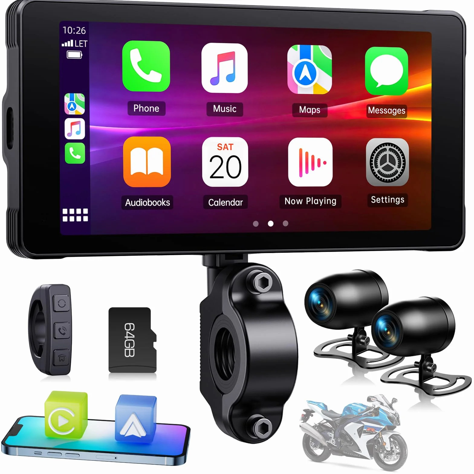 Volam Carplay Motorcycle Android Auto, przenośny wyświetlacz Carplay z kamerą przednią i tylną 2K+1080P dla motocykli, wodoodporny ekran dotykowy 5,5 cala, nawigacja, asystent Siri/G-oogle, aplikacja