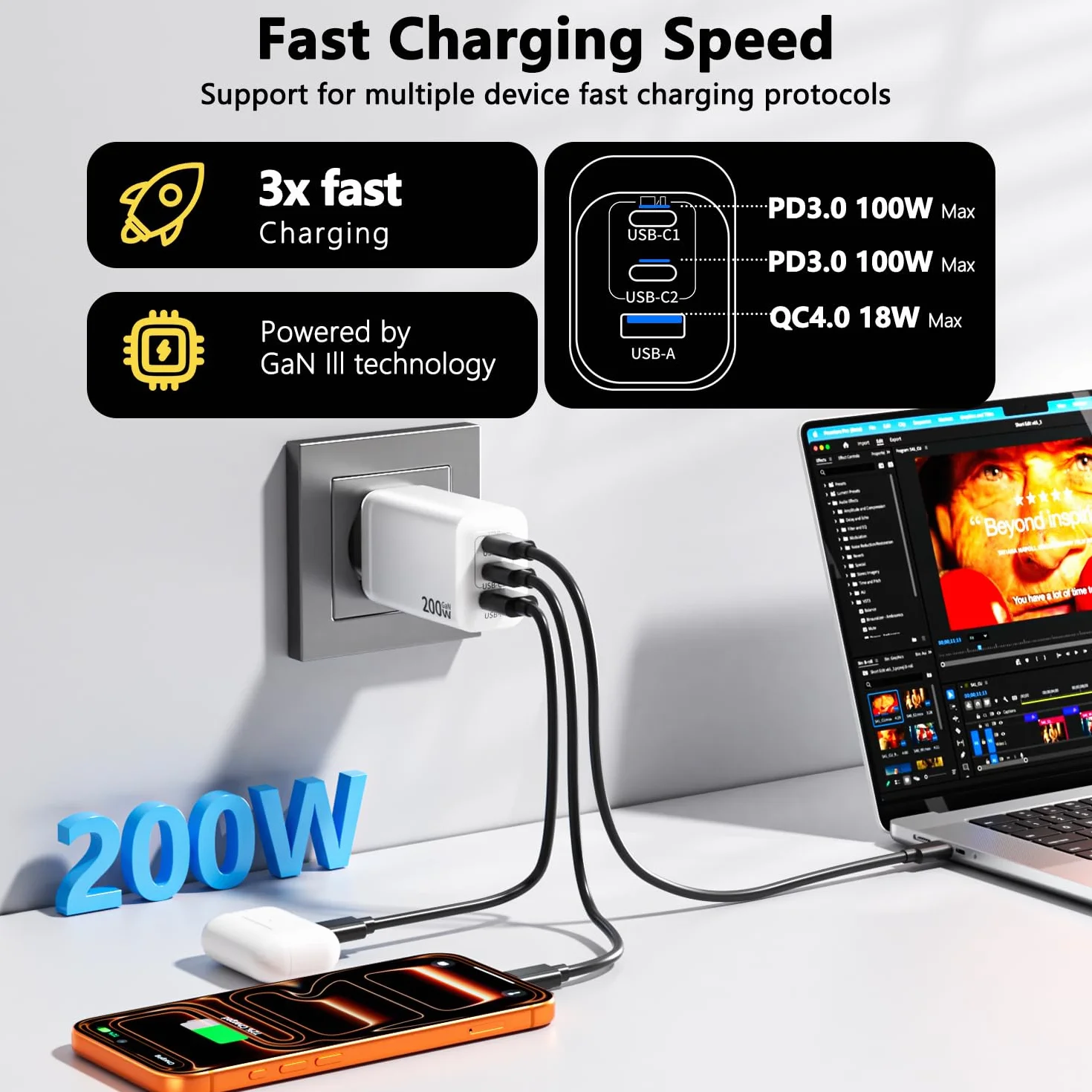 Ładowarka USB C 200 W, 3-portowa GaN Tech USB C, zasilacz PD+PPS, szybka ładowarka, ładowarka do laptopa, ładowarka do laptopa, adapter z kablem 2 m C-C, kompatybilna z MacBook Pro/iPhone 16 Pro Max