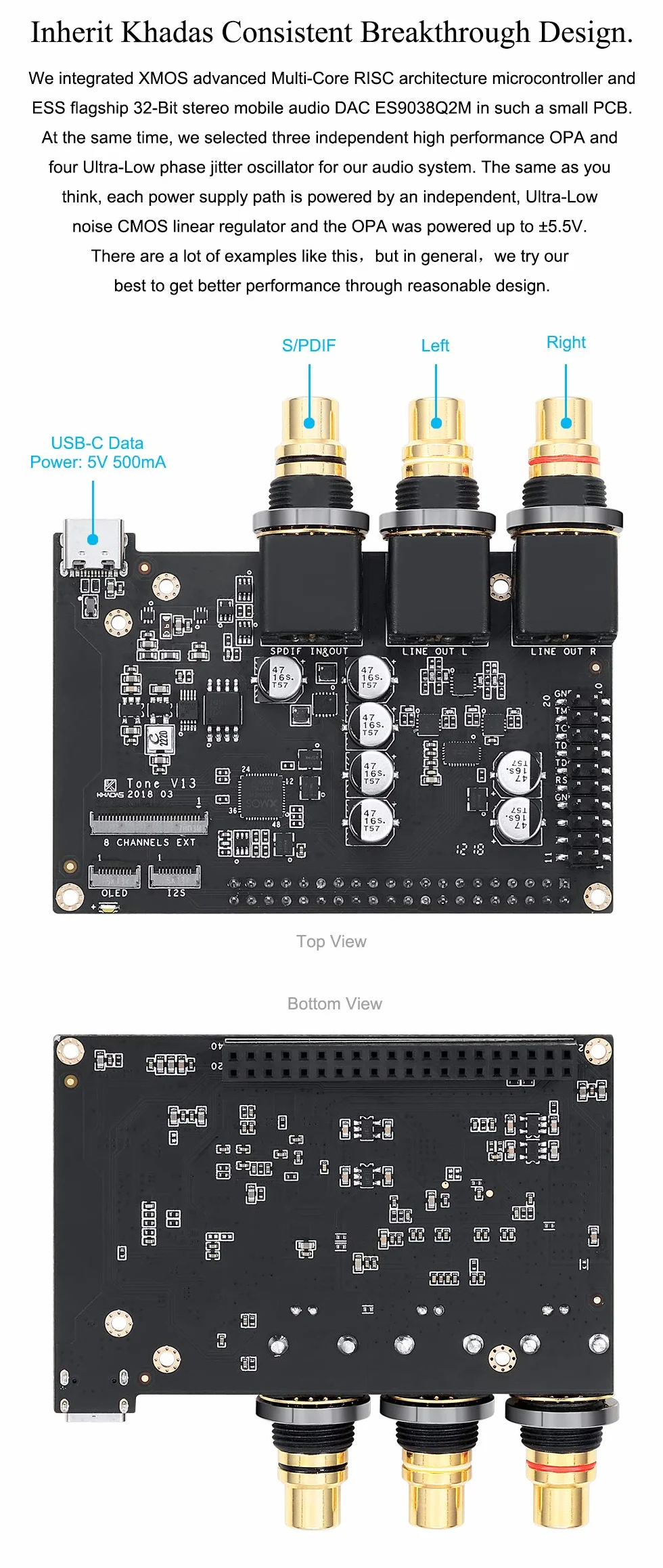 Khadas Tonboard Hi-Res Audio USB DAC oparty na chipie 32-bitowy ES9038Q2M XMOS XU208 zewnętrzna karta dźwiękowa z pakietem wejść S/PDIF z akrylową obudową DIY (wersja ogólna)