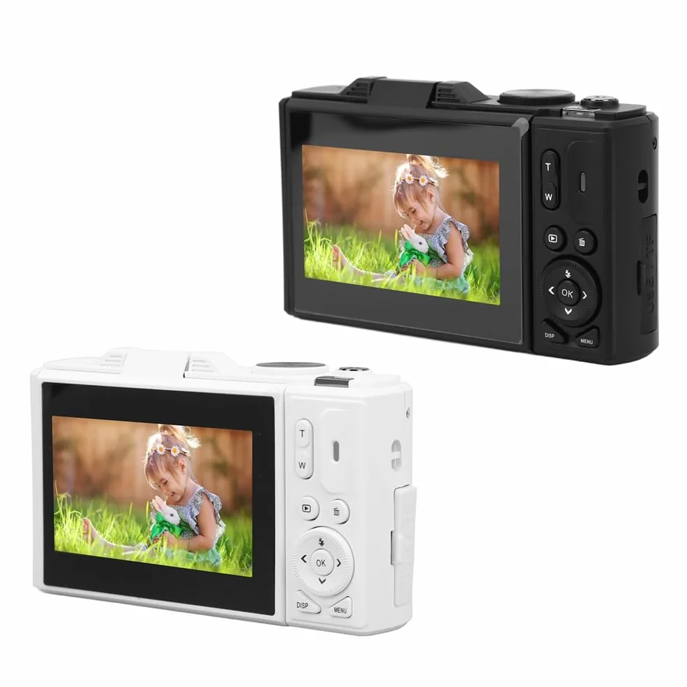 Malloy Aparat cyfrowy w stylu retro 64 MP, stabilizacja, funkcja pauzy wideo, 3-calowy ekran IPS, aparat cyfrowy do vlogowania, biały