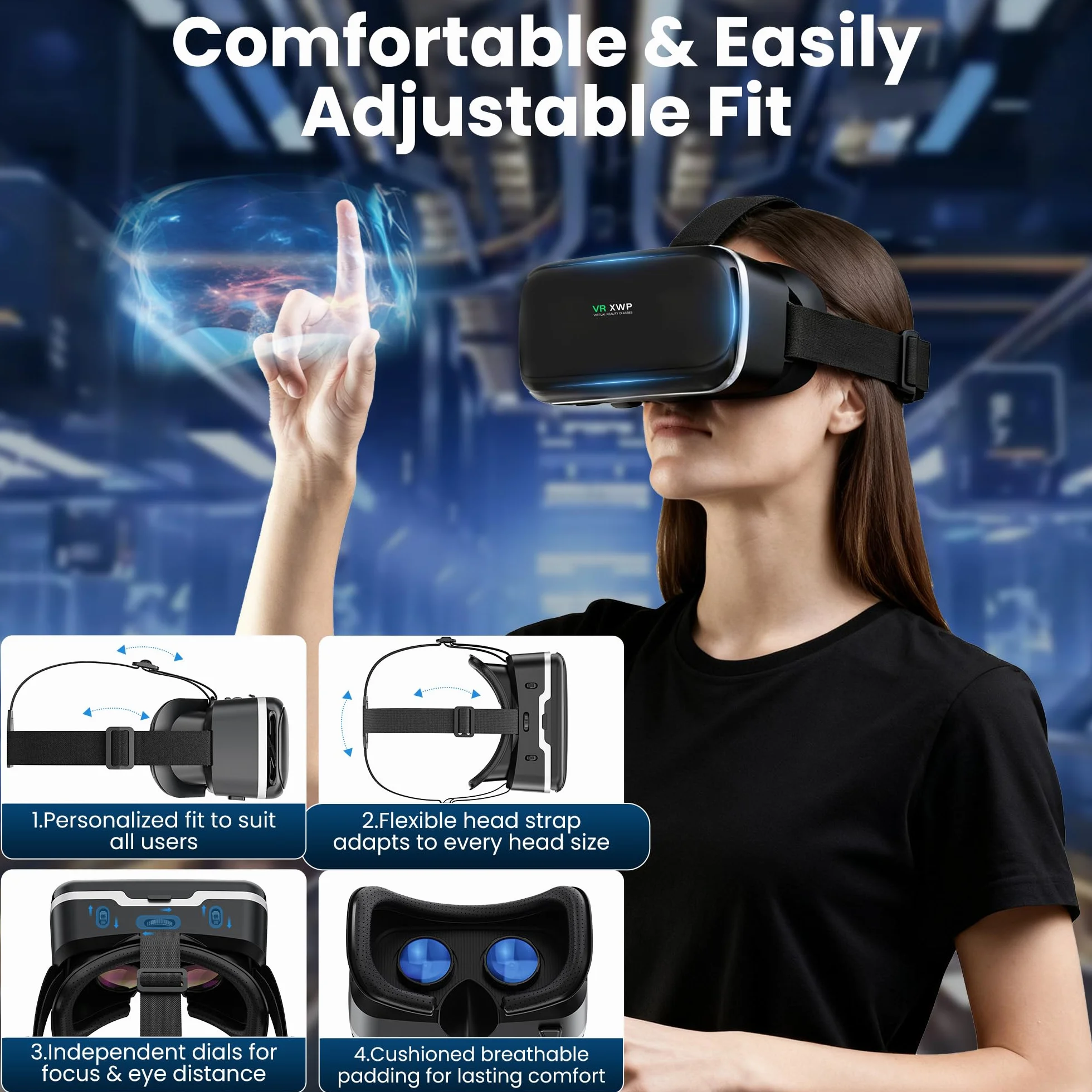 XWP Okulary do wirtualnej rzeczywistości 3D do smartfonów, okulary VR z soczewkami HD Light, kompatybilne z iPhone I Android (4,7-6,8 cala), wrażenia z gier i filmów VR, prezent dla Przyjaciele i