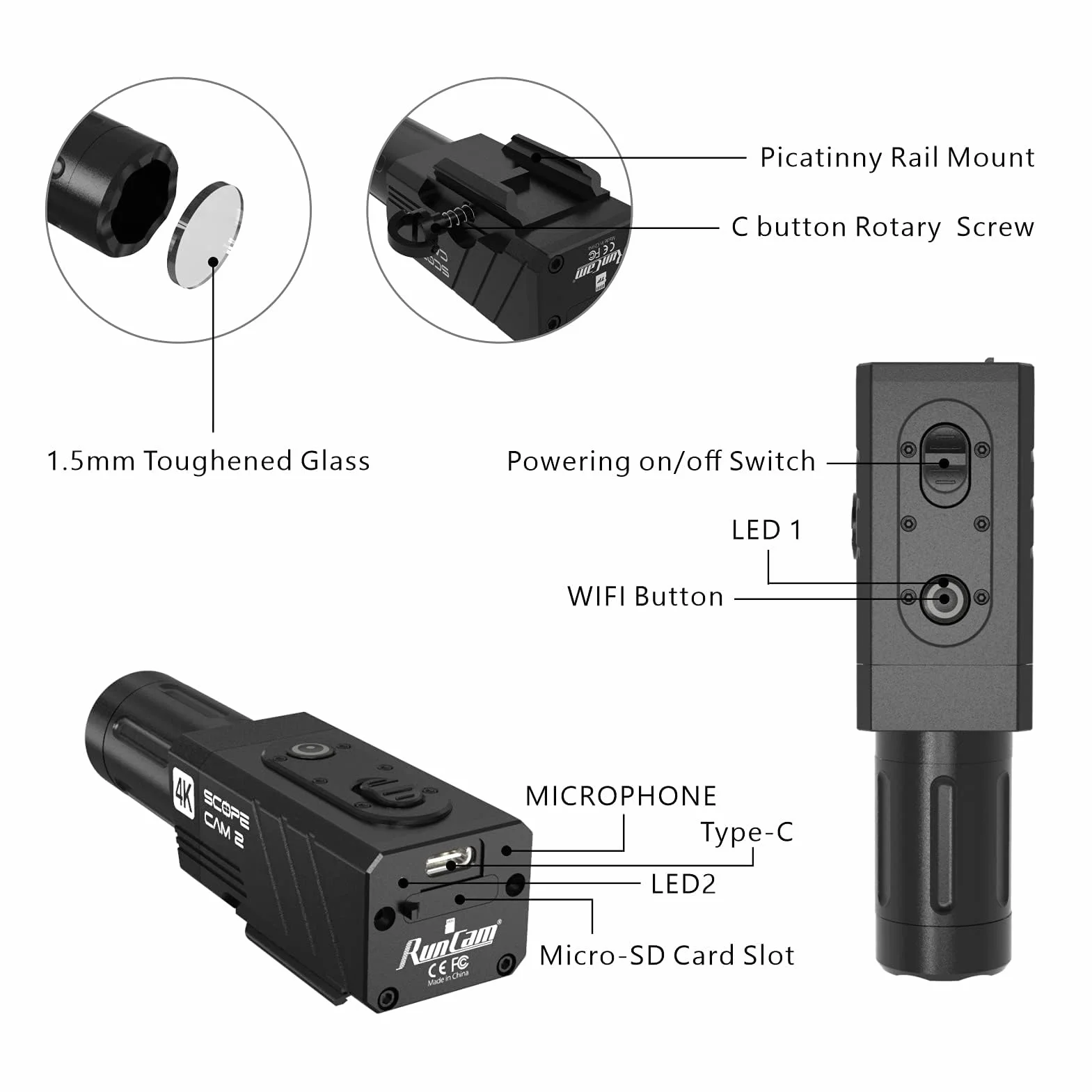 RunCam ScopeCam2 4K Airsoft Camera 4xDigital Zoom HD Mini WiFi Action Camera dla Airsoft Paintball Hunting Tactical Training z kablem przełączającym nagrywanie (obiektyw średniego zasięgu 25 mm)