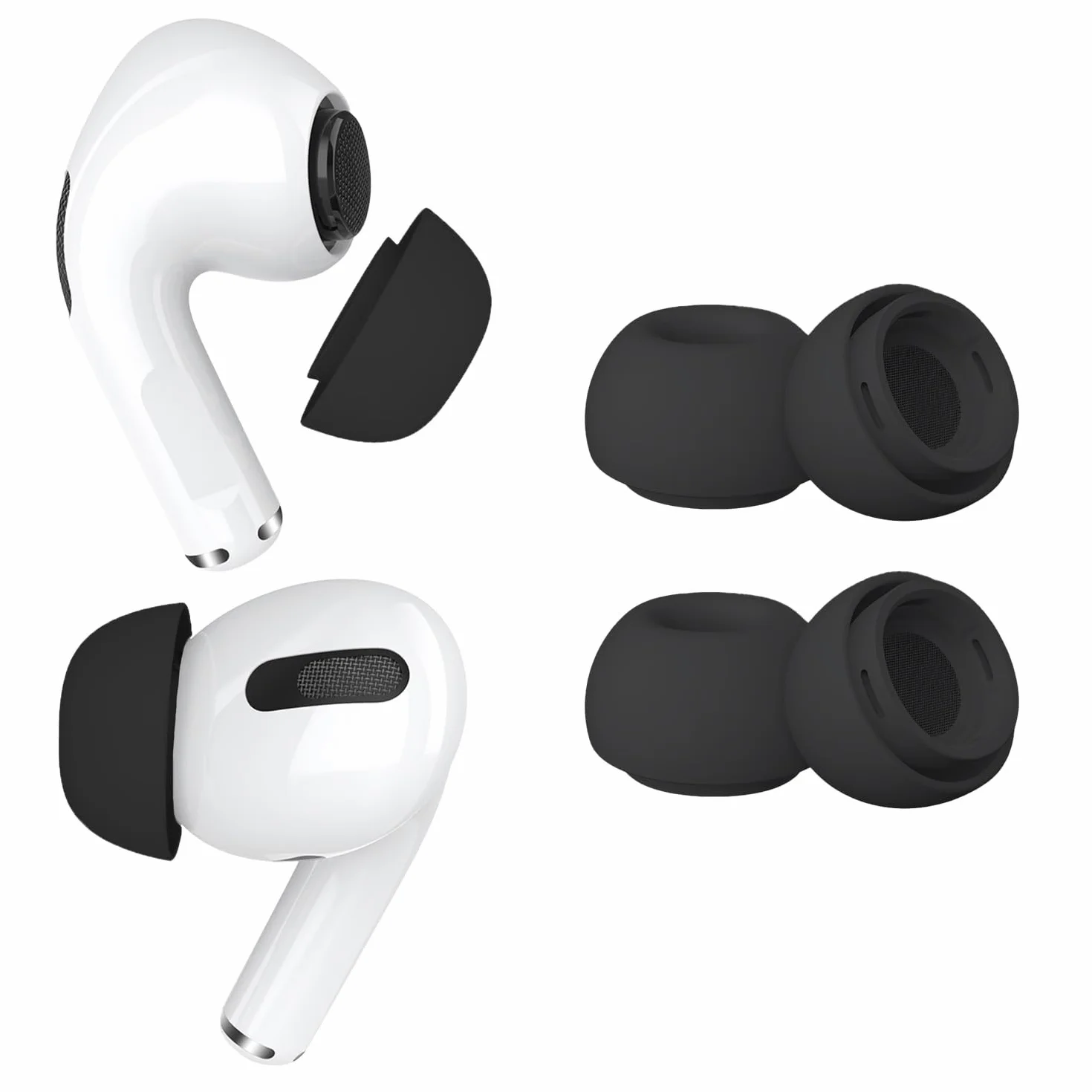 2 Pary Wymienne Końcówki Słuchawek do AirPods Pro Gen 1&2 firmy MMOBIEL - Silikonowe Końcówki Douszne z Otwór Redukcji Hałas, Pojemnik do Przechowywania i Pasuje do Etui Ladującego – M – Czarny