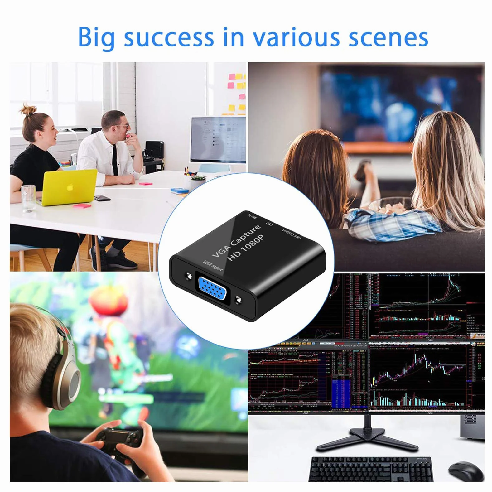 Karta przechwytywania wideo, adapter VGA na USB z wejściem mikrofonowym, adapter wideo HD 1080p, do transmisji na żywo, laptopów, monitorów, wideokonferencji i gier