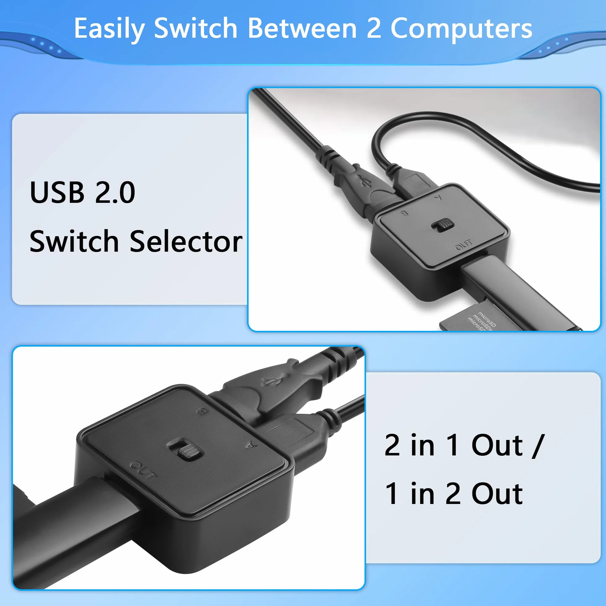 CERRXIAN Przełącznik USB 2.0 1 wejście 2 wyjścia Dwukierunkowy 2 Komputery 1 Urządzenie