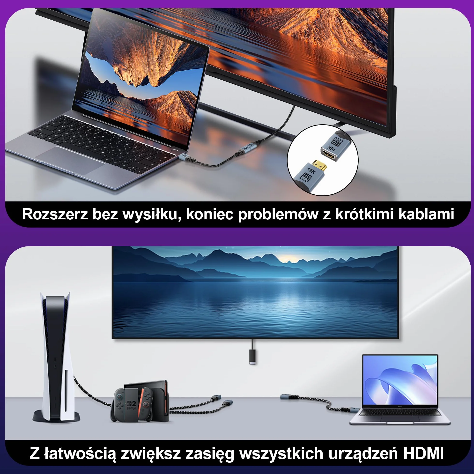 2 sztuki Kabel przedłużający HDMI 2.2 CABLAPTOP,2 m,ultra wysoka prędkość 96 Gbps,16K/8K@60Hz 4K@120Hz/480Hz,obsługuje eARC i HDCP 2.3,synchronizuje dźwięk i obraz Ultra HD,adapter męsko-żeński