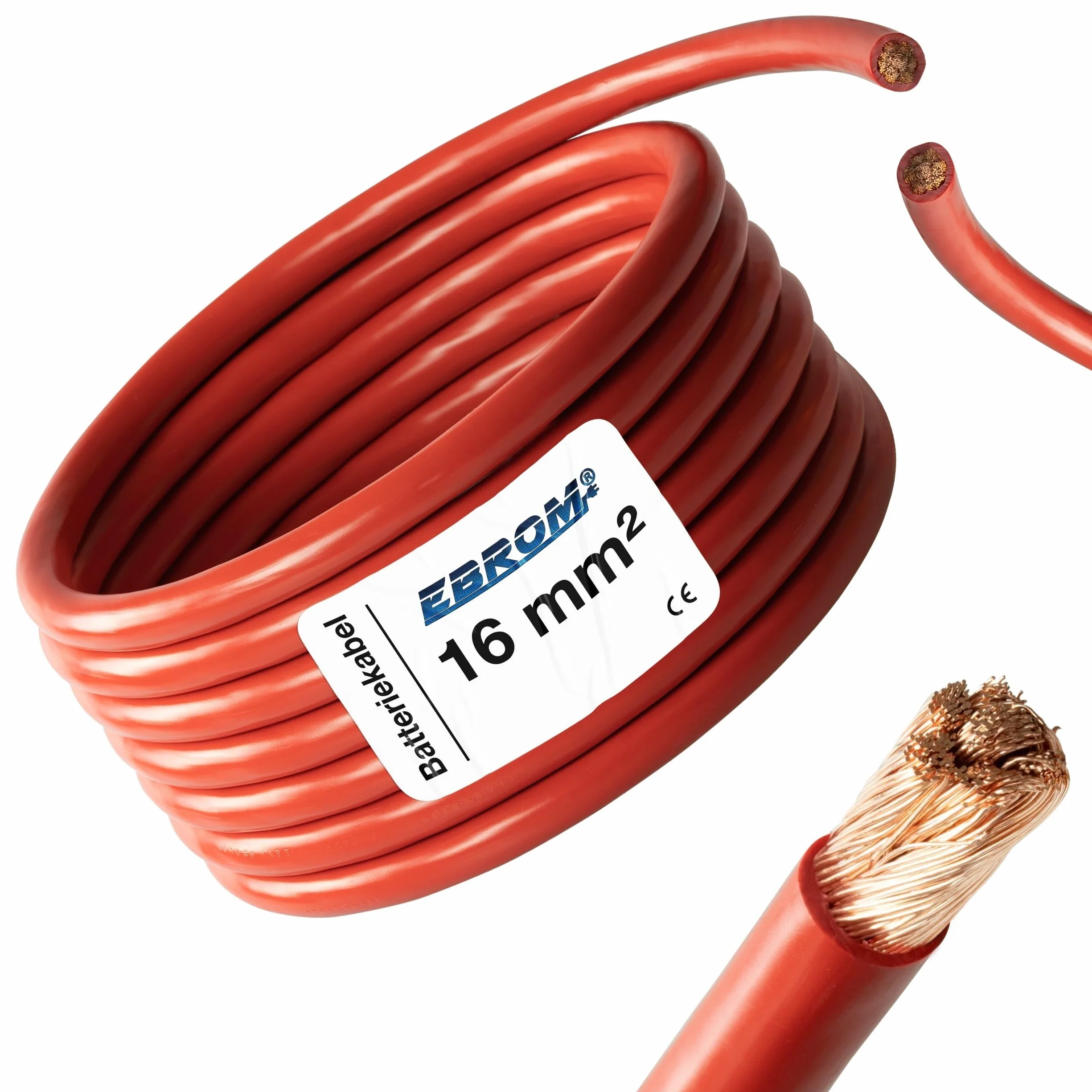 EBROM Kabel do akumulatora, 5 m, czerwony, H07V-K 16 mm², kabel do baterii, 99,9% miedź beztlenowa, 5 m (5 m) 16 mm2
