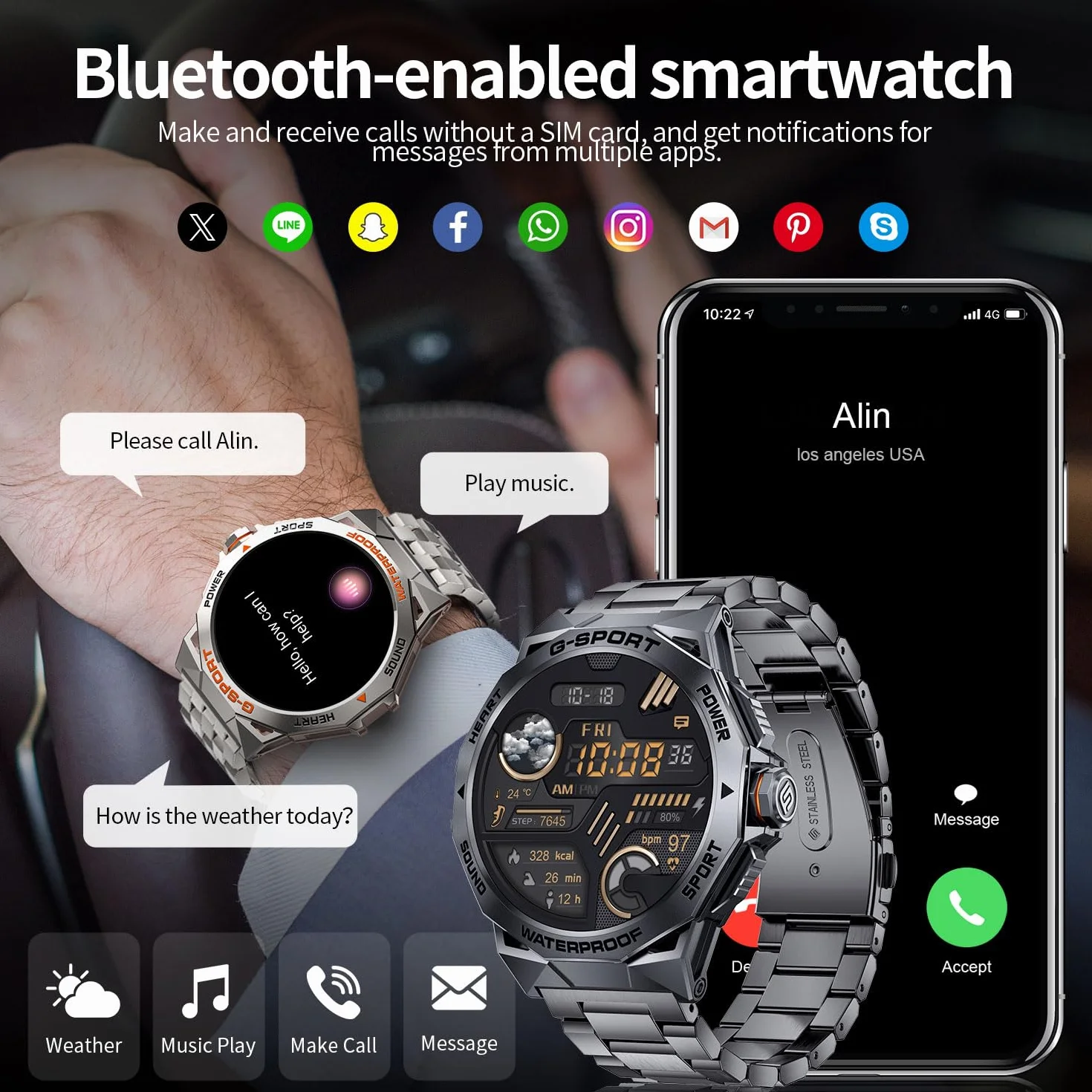 LIGE Męski smartwatch, przełączanie/odbieranie połączeń, 400 mAh, 1,43" AMOLED Smartwatch z pulsometrem i monitorem snu, inteligentny zegarek dla systemu Android iOS czarny pomarańczowy
