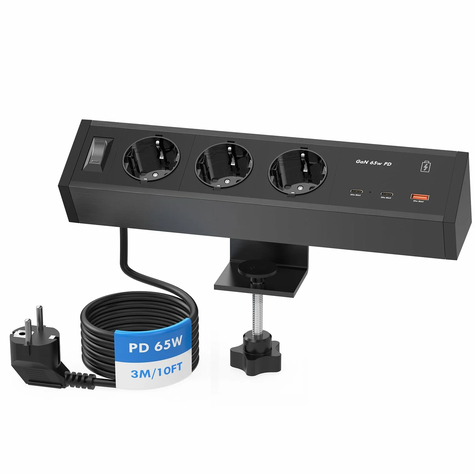 Gniazdo wtykowe stołowe z USB-C PD 65 W GaN, 3-krotna listwa zasilająca na biurko, listwa zasilająca do zaciskania z aluminiową obudową, do biura i domowego biura, 25 W USB-A, kabel 3 m, czarne