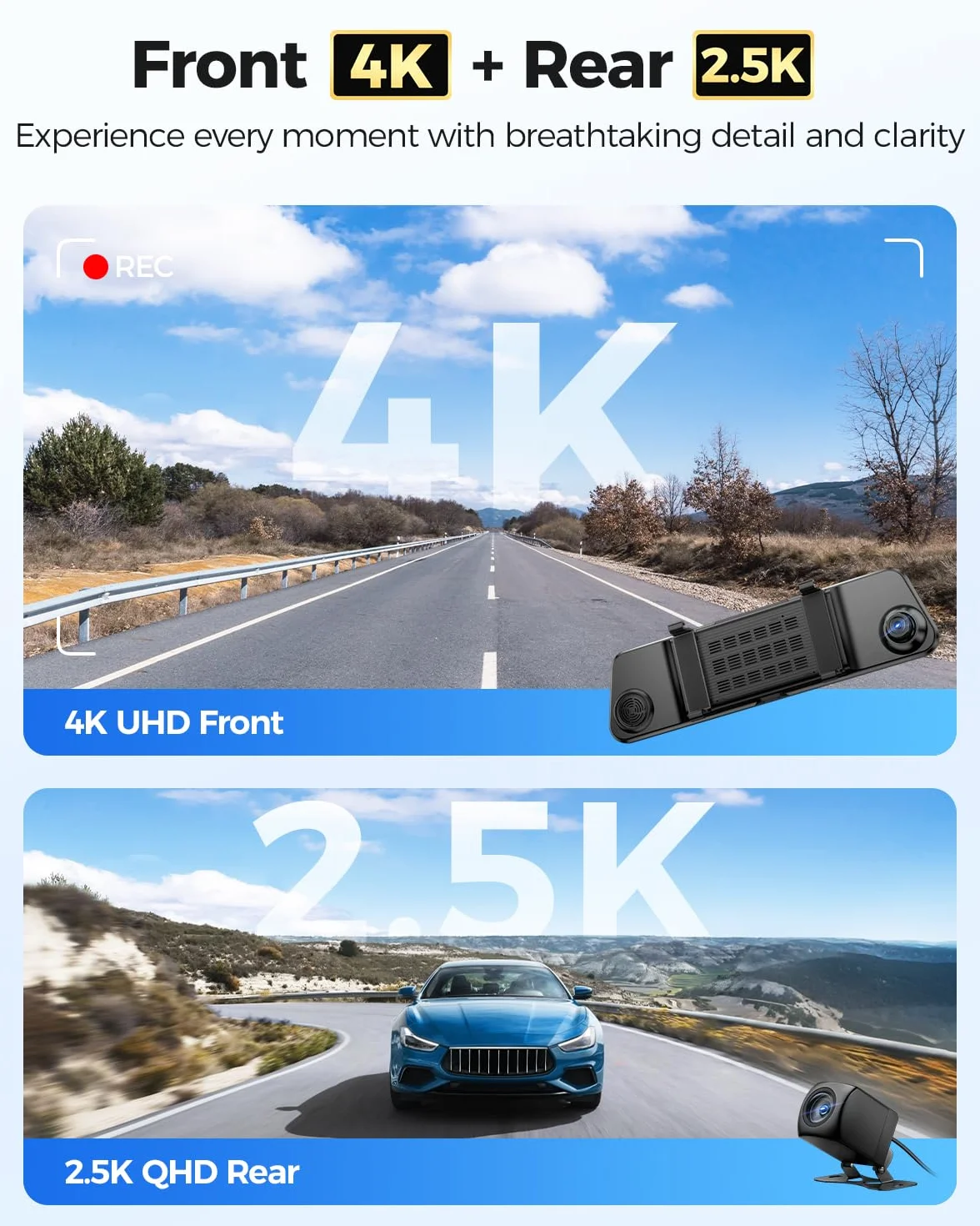 AZDOME Kamera samochodowa z lusterkiem 4K z tyłu 2,5 K, kamera samochodowa 5G WiFi, karta 64 GB w zestawie, super widoczność w nocy, GPS, sterowanie głosem, ekran dotykowy IPS 12", monitorowanie