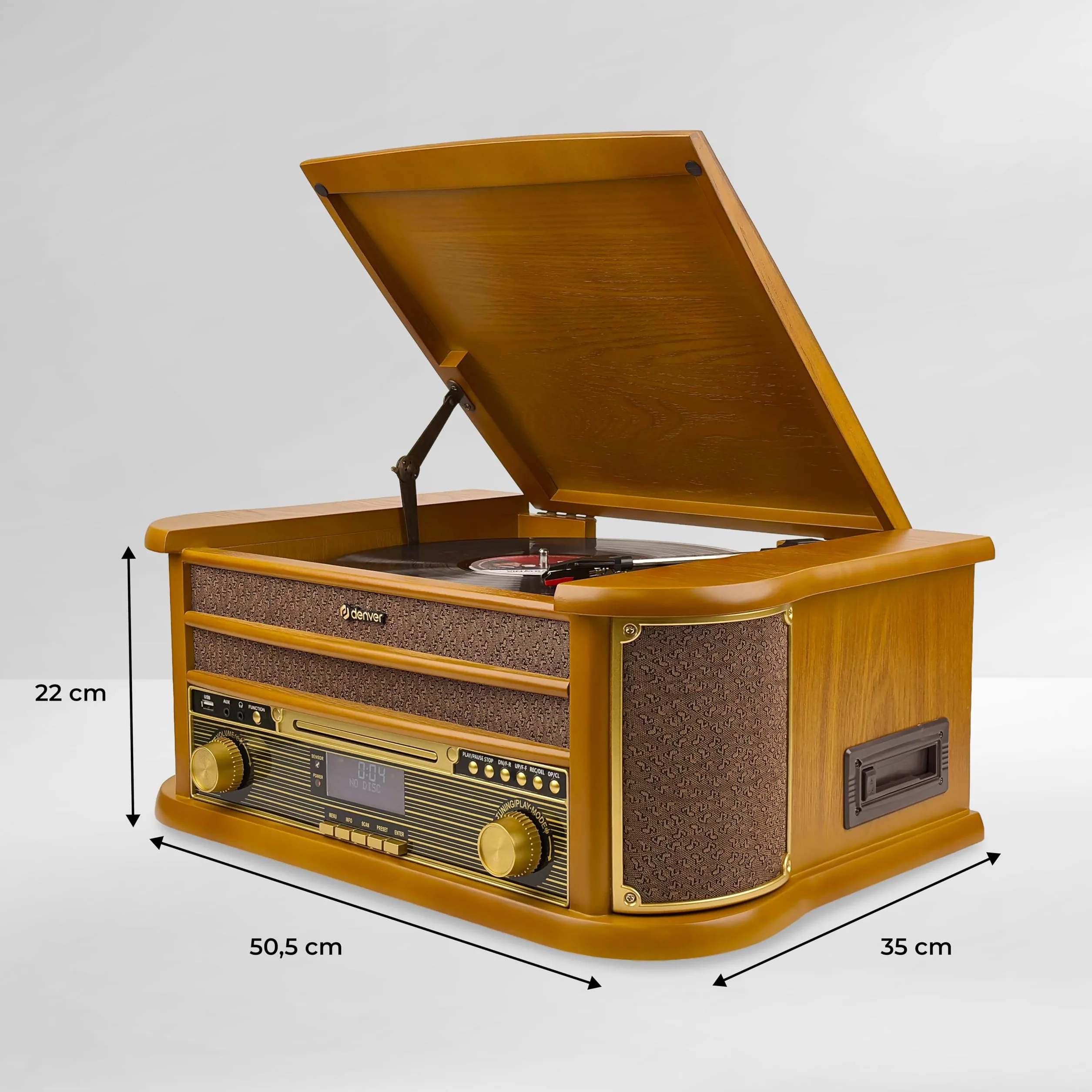 Denver MRD-51 DAB+, radio FM/AM z odtwarzaczem CD, kasetowym i gramofonem, wygląd drewna
