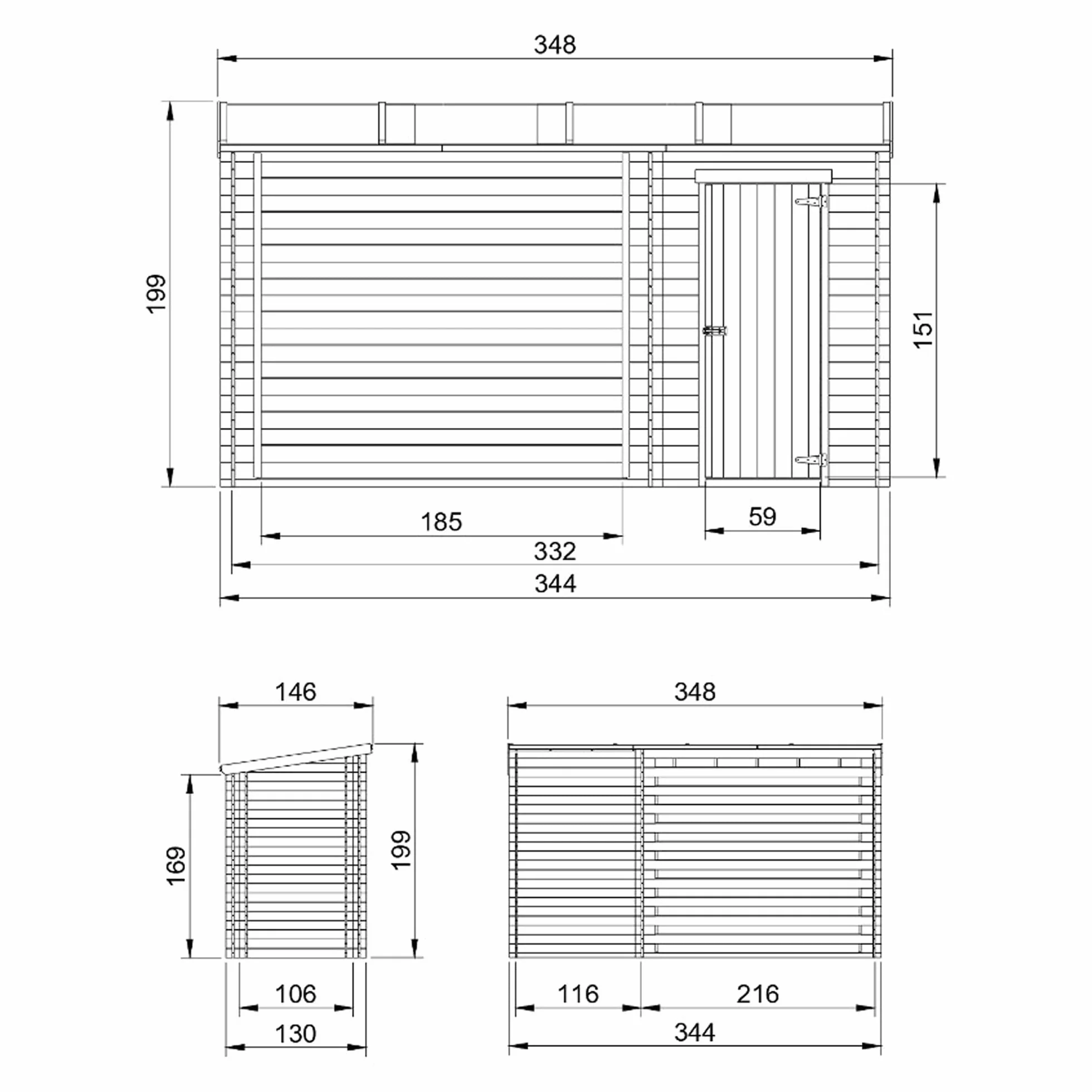 TIMBELA Drewniana szopa ogrodowa M205 – domek ogrodowy z regałem na drewno opałowe – domek ogrodowy z drewna szer. 344 x dł. 146 x wys. 199 cm / 3,64 m2 – szopa ogrodowa z wodoodpornym dachem –