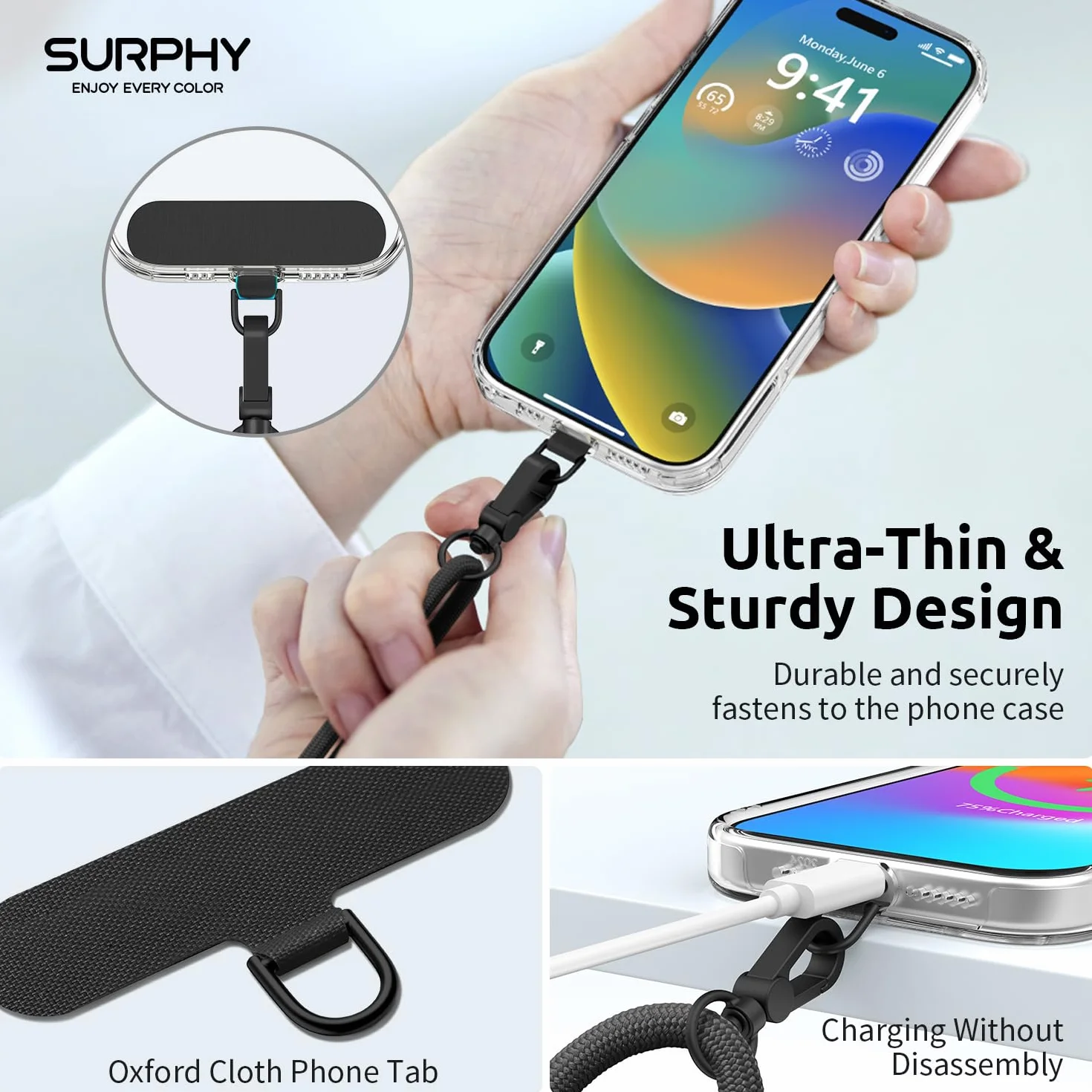 SURPHY Uniwersalna Smycz, Regulowany Pasek do Telefonu Komórkowego, Kolorowy dla Wszystkich Smartfonów, Smycz kompatybilna z Etui na Telefon Airpods, Pamięć USB