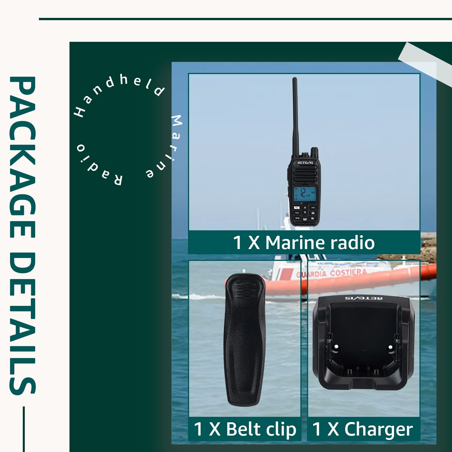 Retevis RM21 Ręczne radio morskie, wodoodporne walkie-talkie IP67, inteligentna redukcja szumów AI, 88 kanałów wysyłanych na ląd Dwukierunkowe radio dla straży przybrzeżnej(czarny, 1 opakowanie)