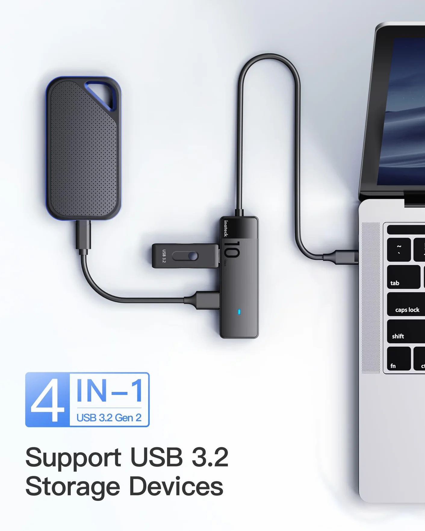 Inateck Hub USB C, koncentrator USB 3.2 Gen 2 USB C z 4 portami USB A, 10 Gb/s, kabel 50 cm, kompatybilny z Windows 7/8/10/11, Linux, Mac OS