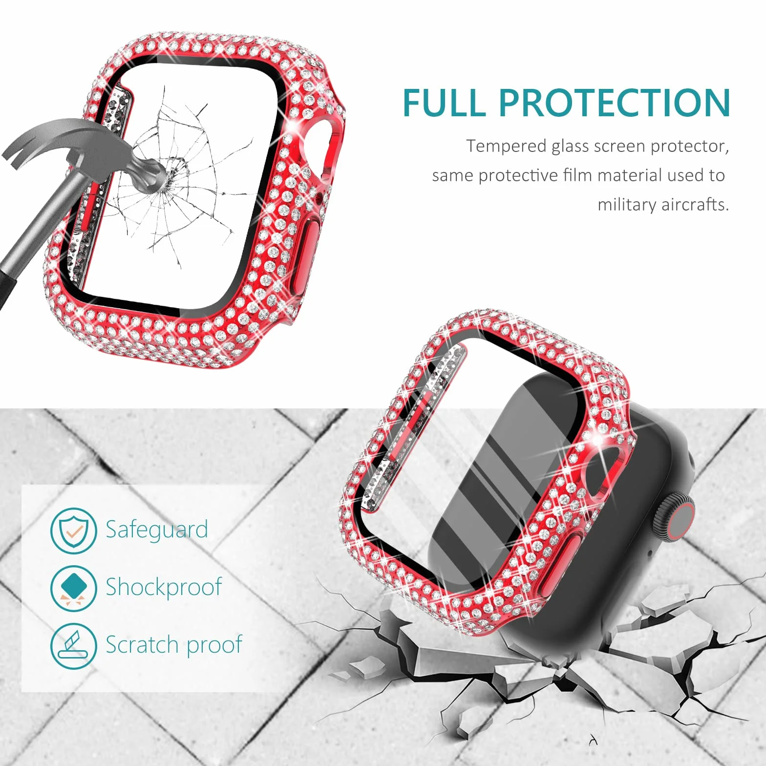 Surace Etui kompatybilne z Apple Watch 40 mm, 300 diamentów, z osłoną ekranu do Apple Watch serii 6/5/4/3/2/1, błyszczące etui ochronne ze szkła hartowanego, osłona ochronna na 38 mm, 40 mm, 42 mm, 44