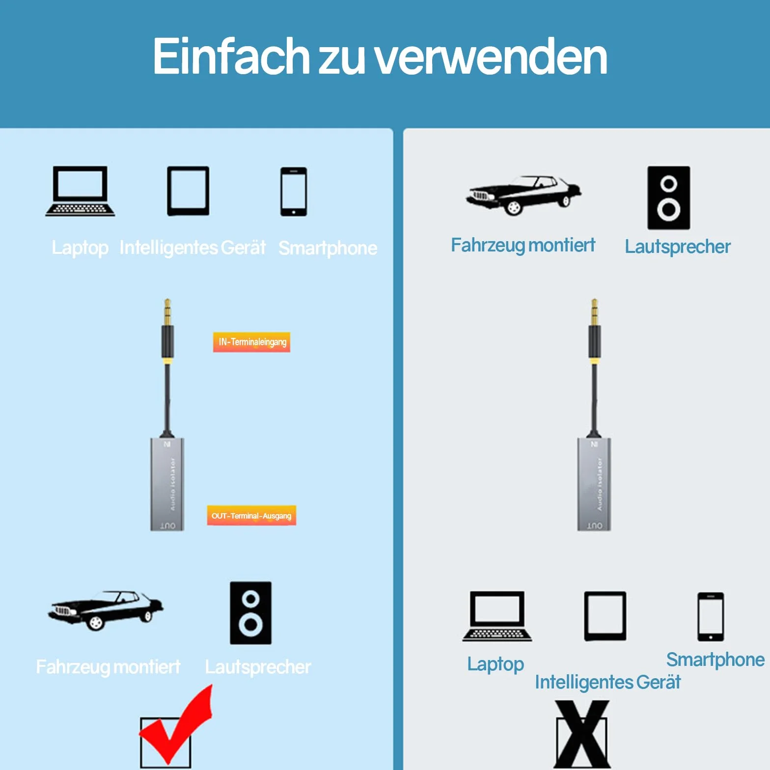 VIEVRE Filtr przeciwzakłóceniowy, izolator Ground Loop 3,5 mm, kabel audio do samochodu audio/domu system stereo/głośnik Bluetooth, samochodowy filtr zakłóceń radiowych, filtr szumów, filtr