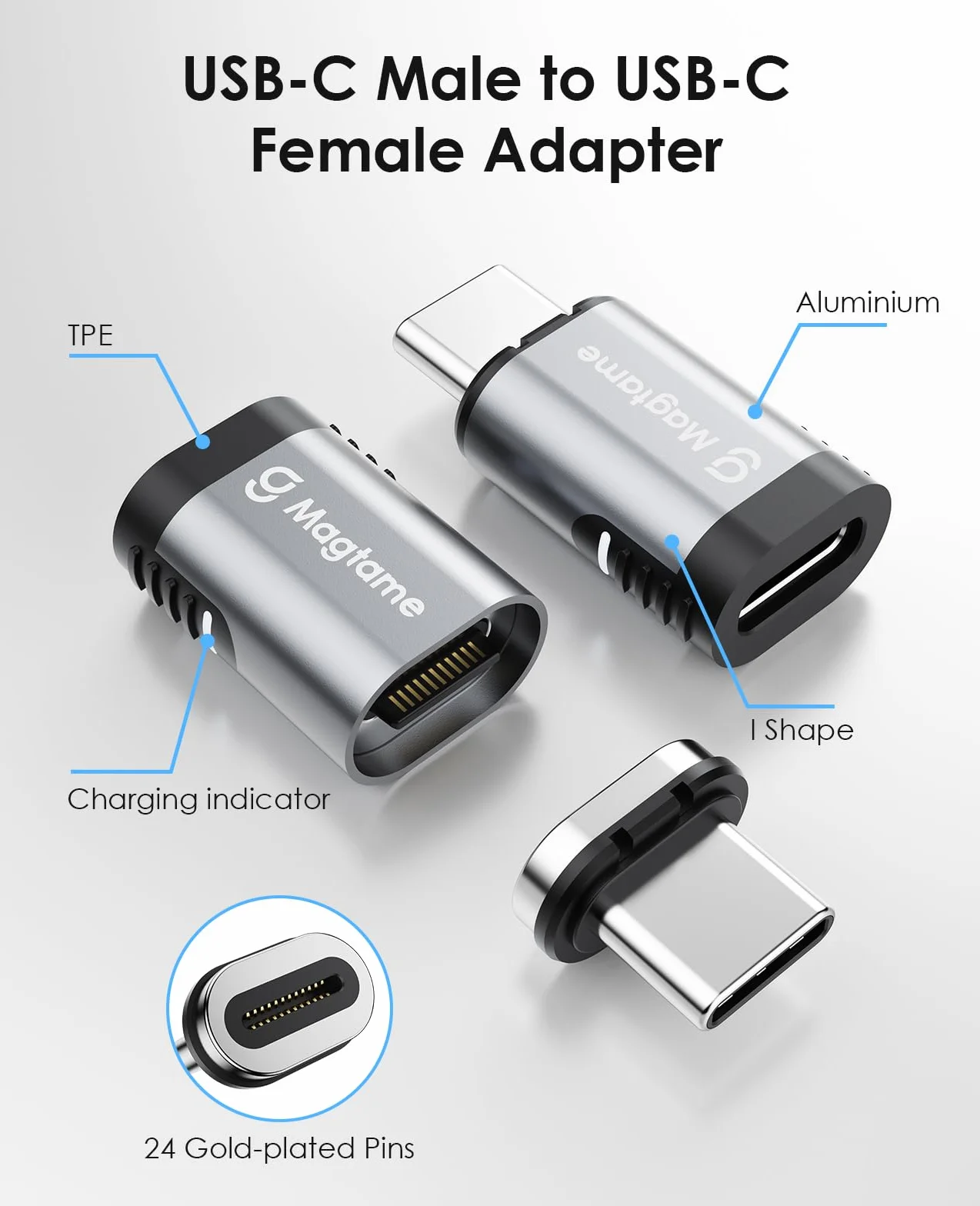 Magtame 240W magnetyczny adapter USB C 40Gbps, 1Pack proste adaptery typu C z 2-końcówkami, 24Pin szybkie ładowanie danych 4K 60Hz dla USB 3/4 MacOS Pro/Air Laptop Tablet i urządzenia typu C | Złącze typu C z transferem danych 40 Gb/s i wyjściem wideo 4K